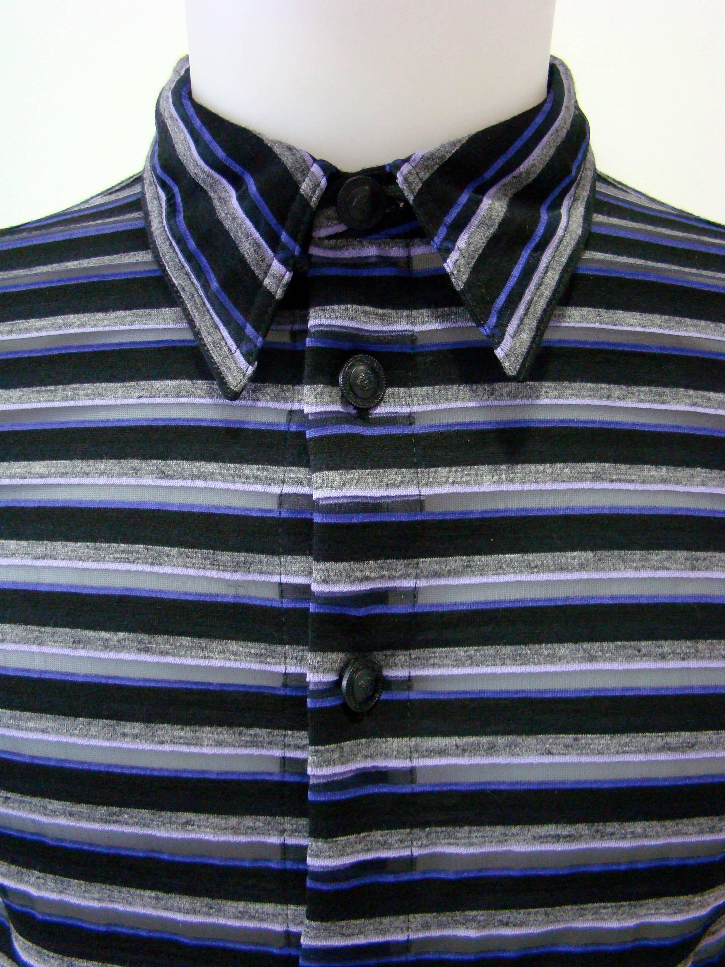 Black Gianni Versace Striped Sheer Shirt Fall 1997 For Sale