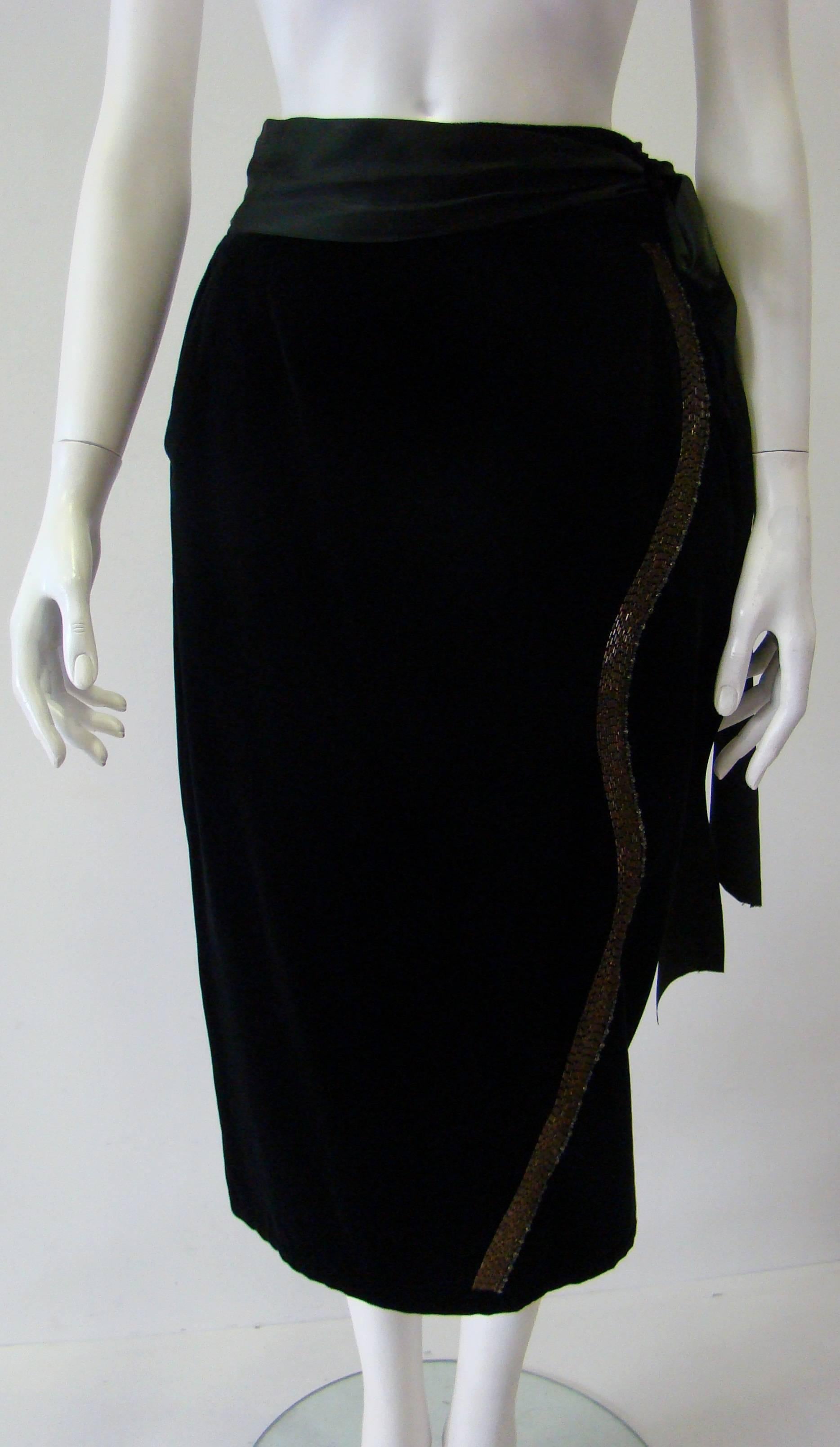 Black Early Gianni Versace Velvet Side Beaded Evening Skirt Fall 1985 For Sale