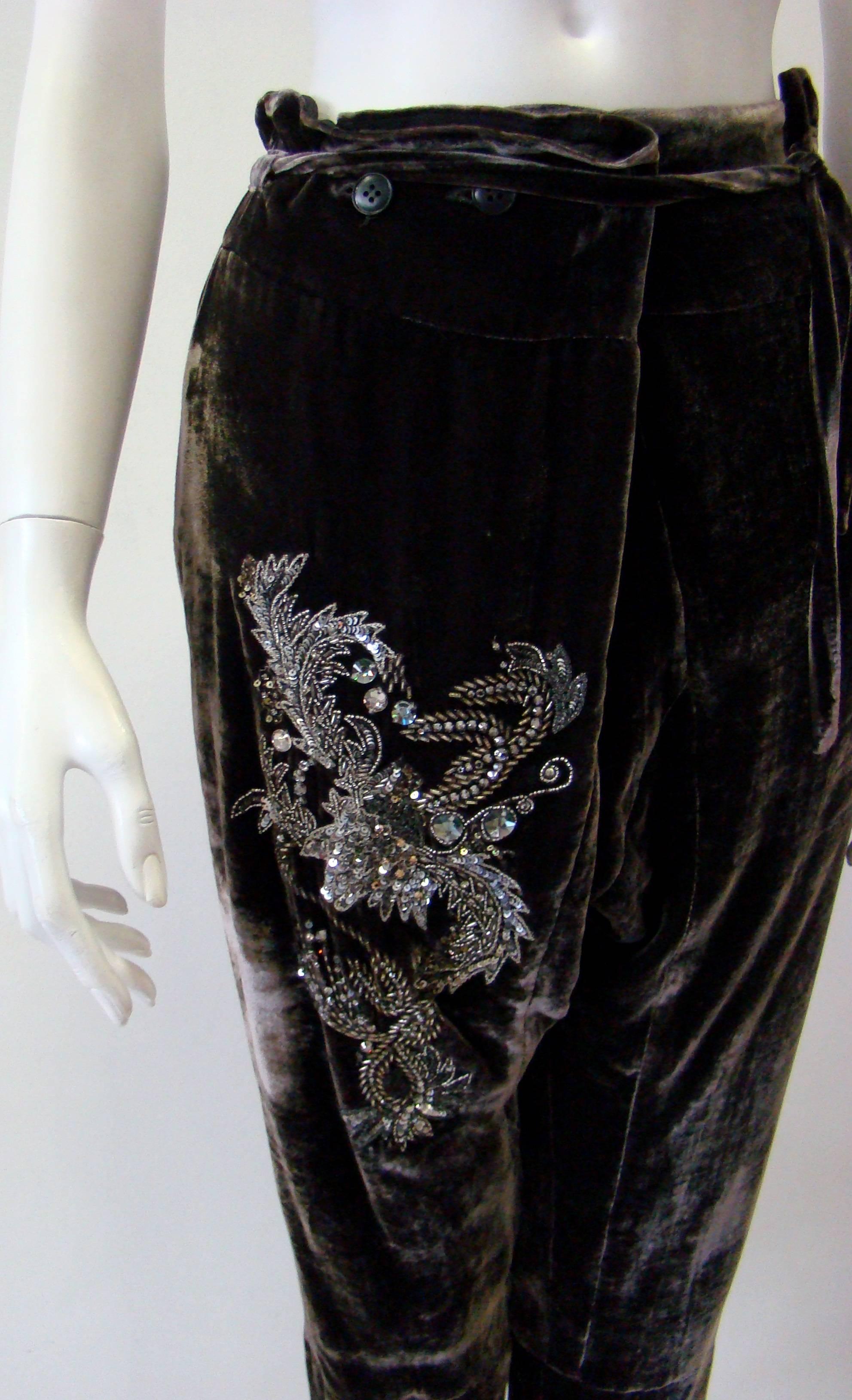 Black Pierre Balmain Haute Couture Velvet Pants With Crystal Embroidery Detail For Sale