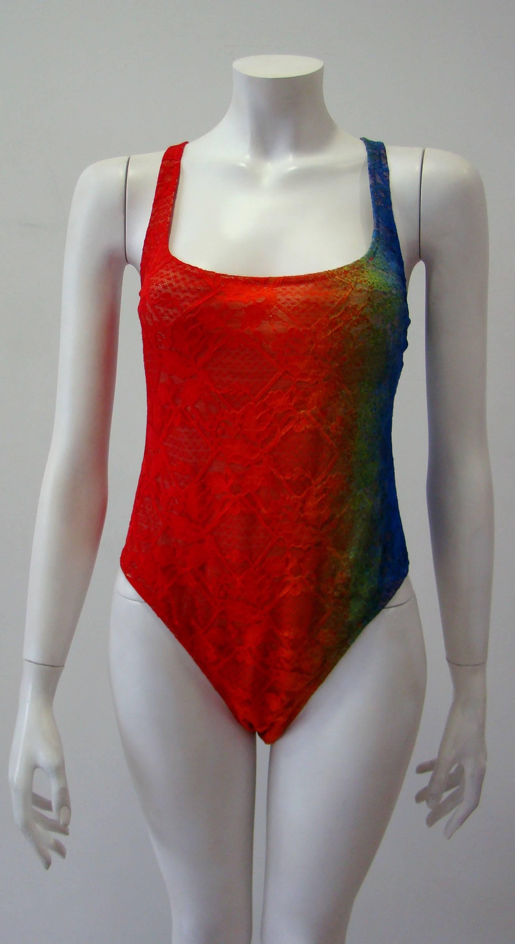 Red Gianni Versace Punk Multi-Coloured Lace Overlay Swimsuit Spring 1994 For Sale