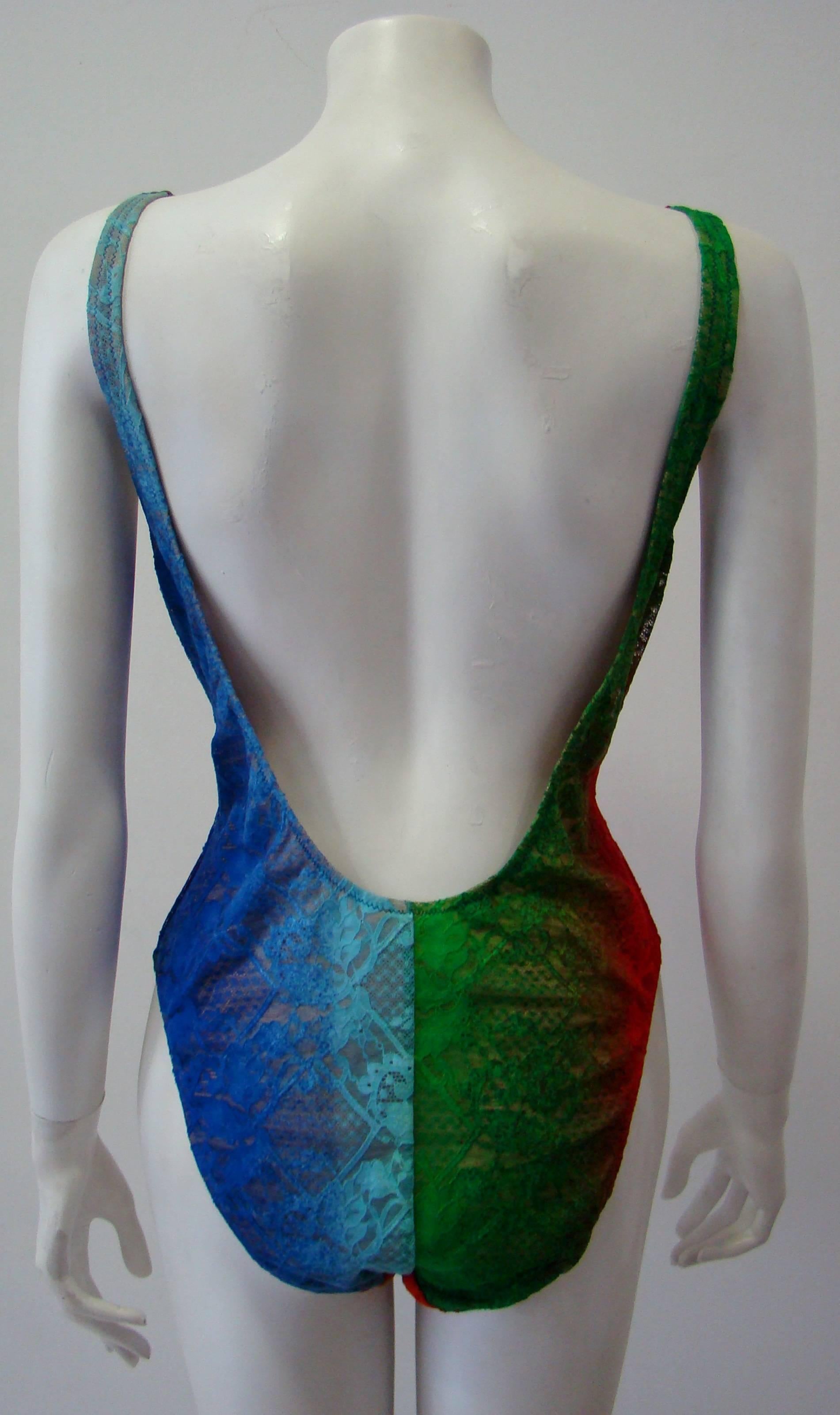 Gianni Versace Punk Multi-Coloured Lace Overlay Swimsuit Spring 1994 For Sale 1