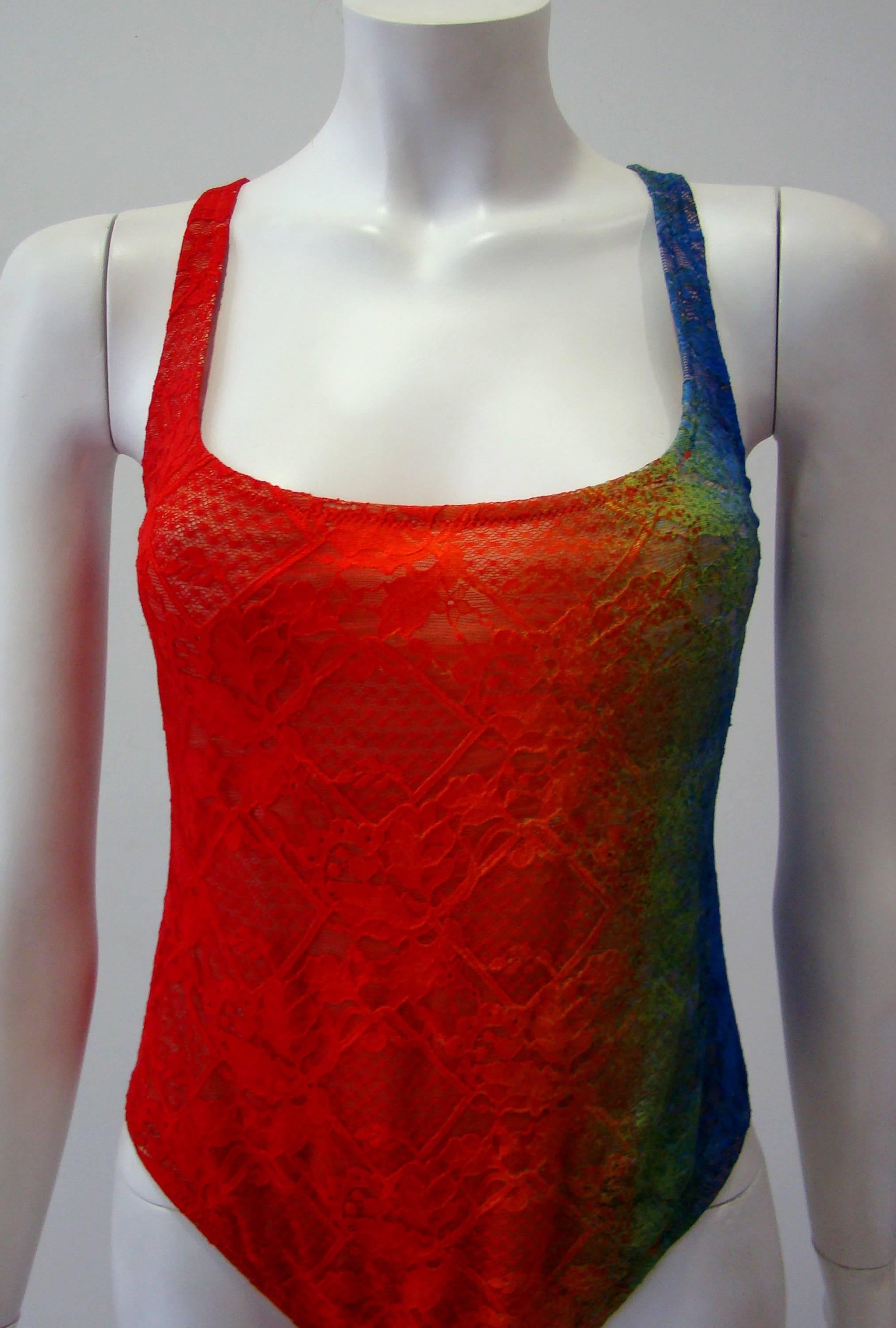 Gianni Versace Punk Multi-Coloured Lace Overlay Swimsuit Spring 1994 In Good Condition For Sale In Athens, Agia Paraskevi