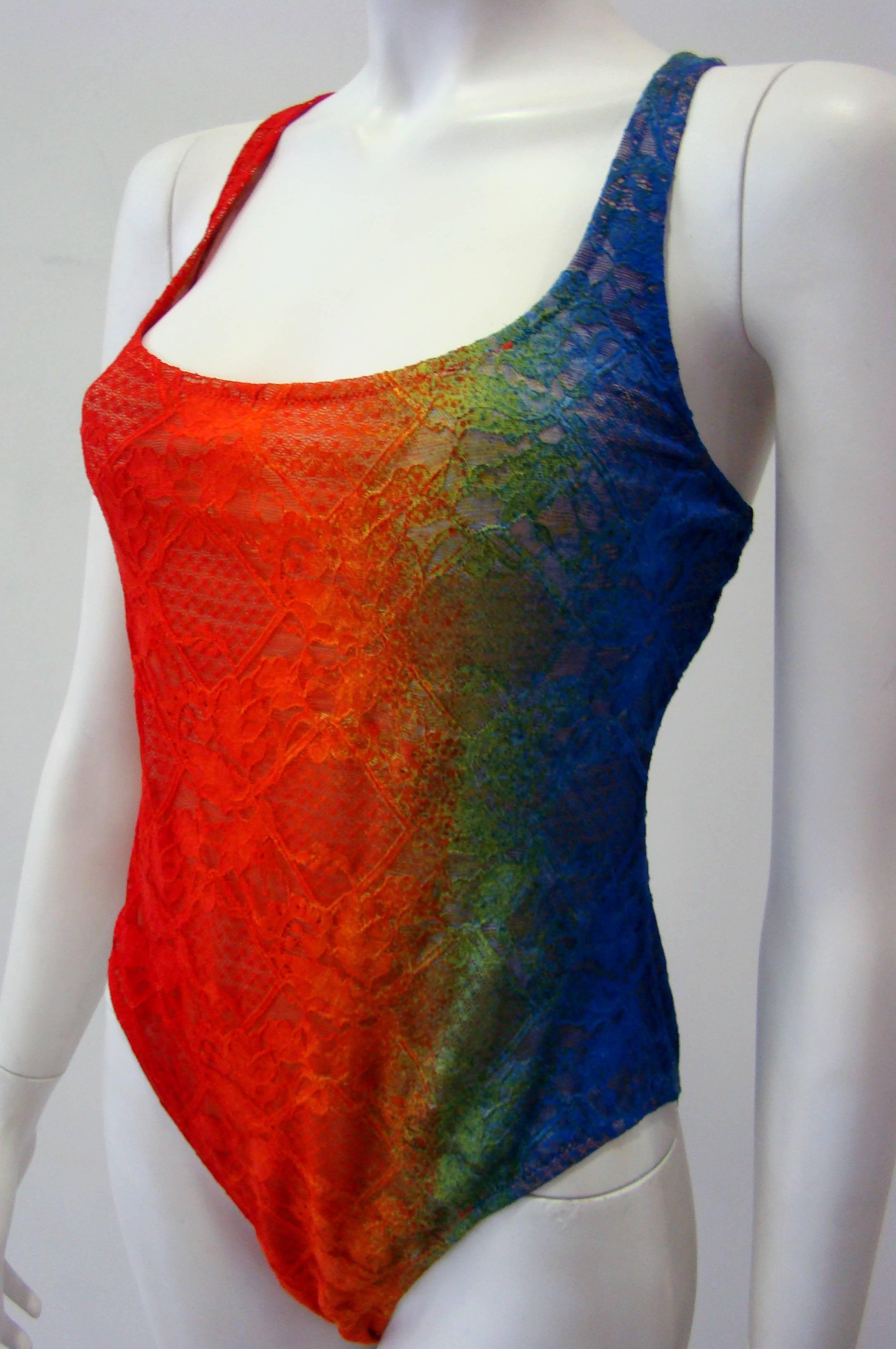 Women's Gianni Versace Punk Multi-Coloured Lace Overlay Swimsuit Spring 1994 For Sale