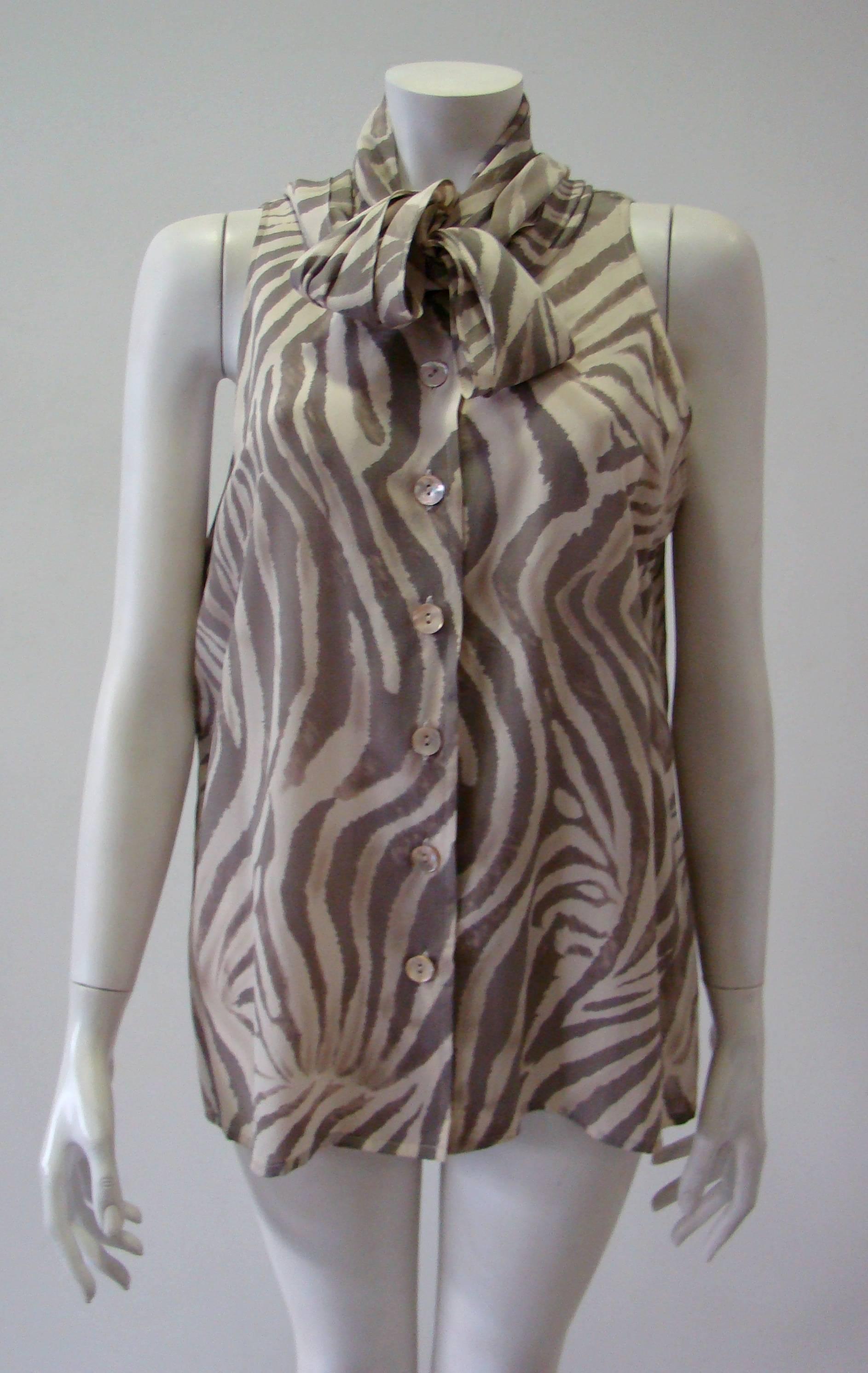 Jean-Louis Scherrer Zebra Print Silk Sleeveless Top Shirt In Excellent Condition For Sale In Athens, Agia Paraskevi