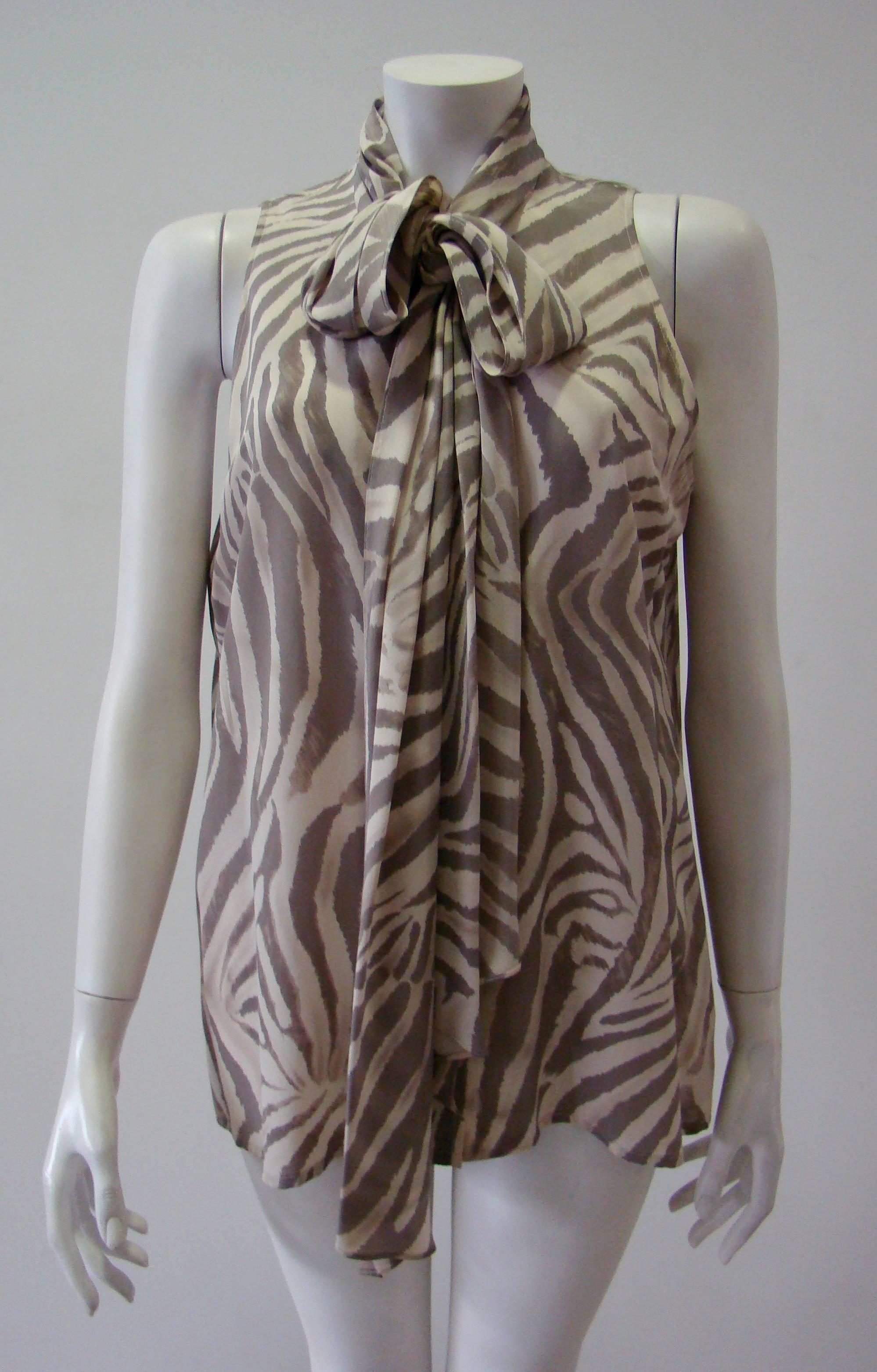 Gray Jean-Louis Scherrer Zebra Print Silk Sleeveless Top Shirt For Sale