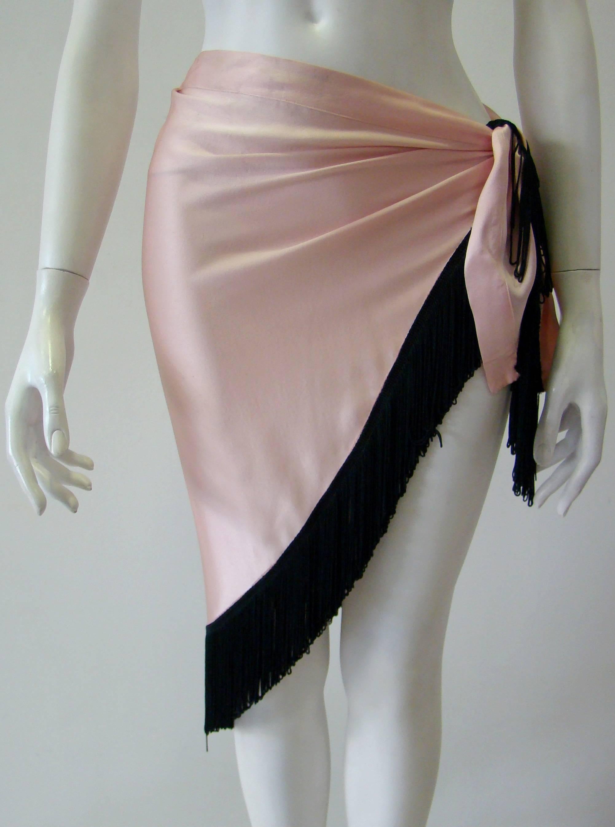 Beige Gianfranco Ferre Silk Wrap Fringed Skirt 1990s For Sale
