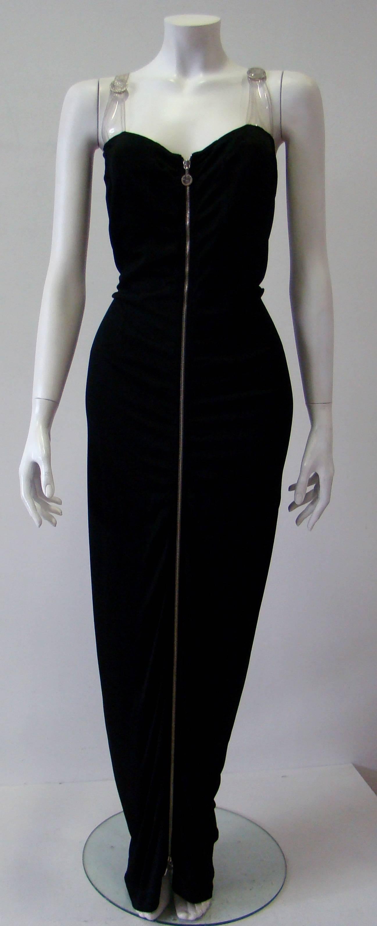 Gianni Versace Versatile bodycon stretch ruched evening dress with plastic detail and zip front and back.