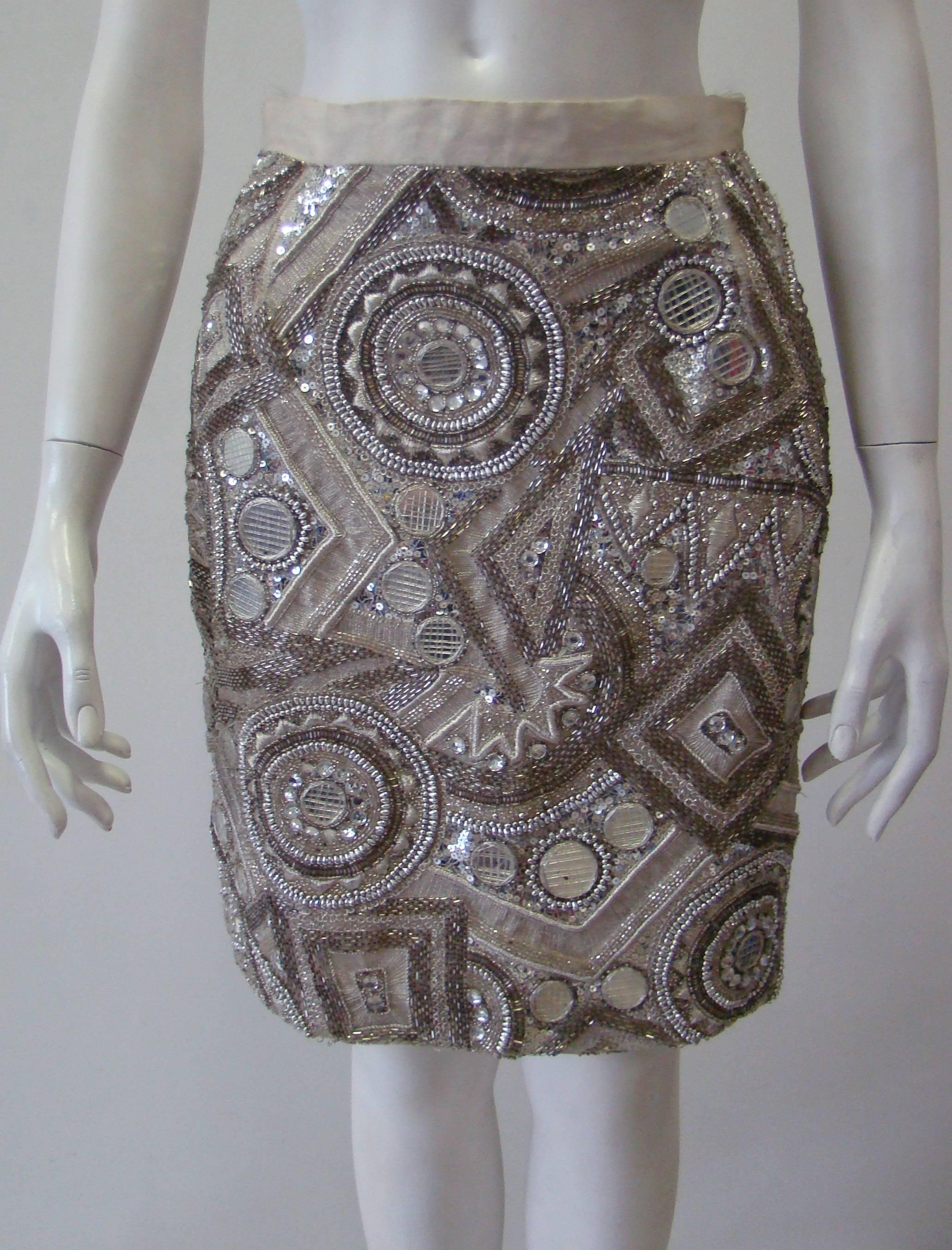 Gray Very Rare Ella Singh Embroidered Silk Sequin Mini Skirt 1990s For Sale