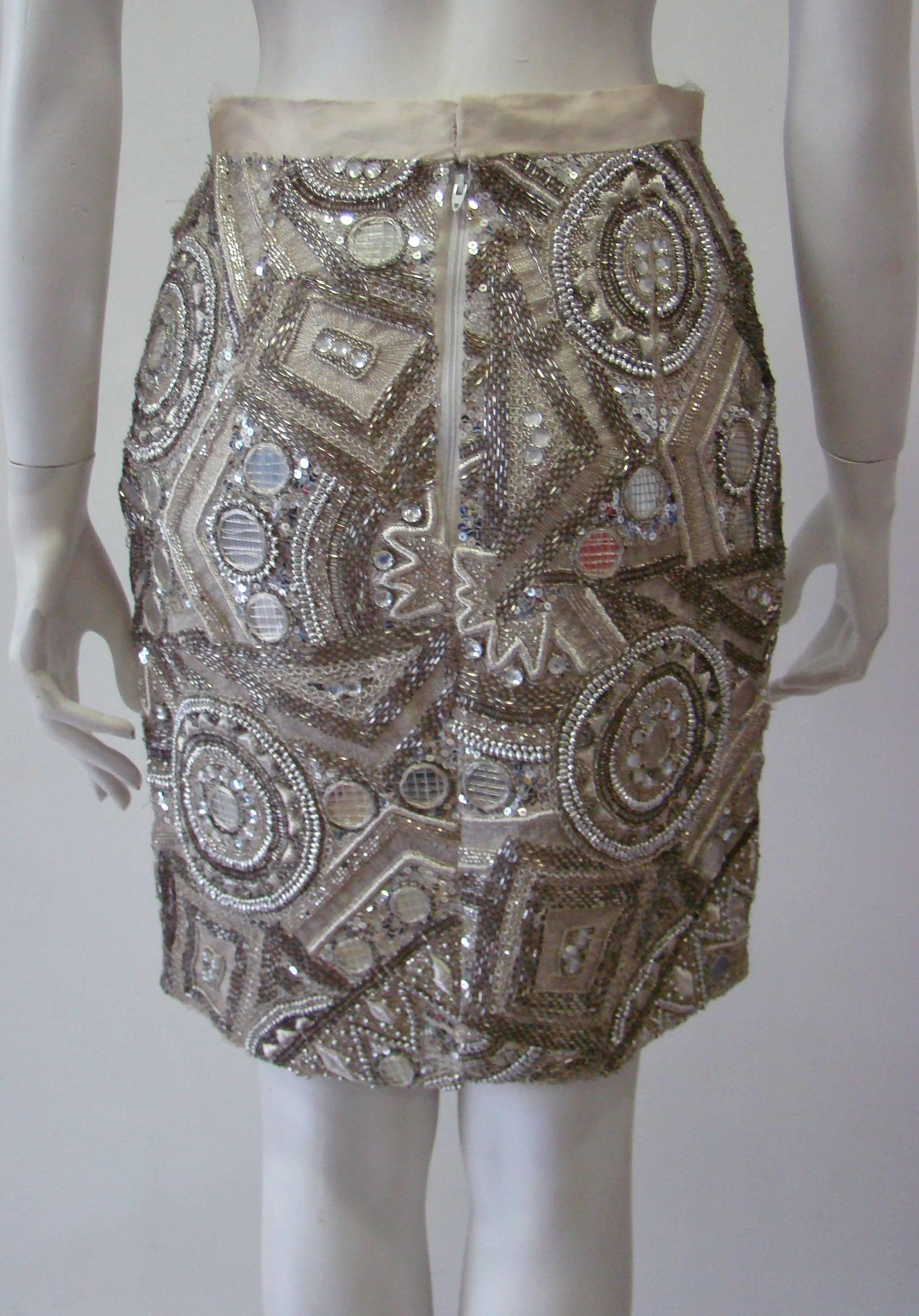 Very Rare Ella Singh Embroidered Silk Sequin Mini Skirt 1990s For Sale 1