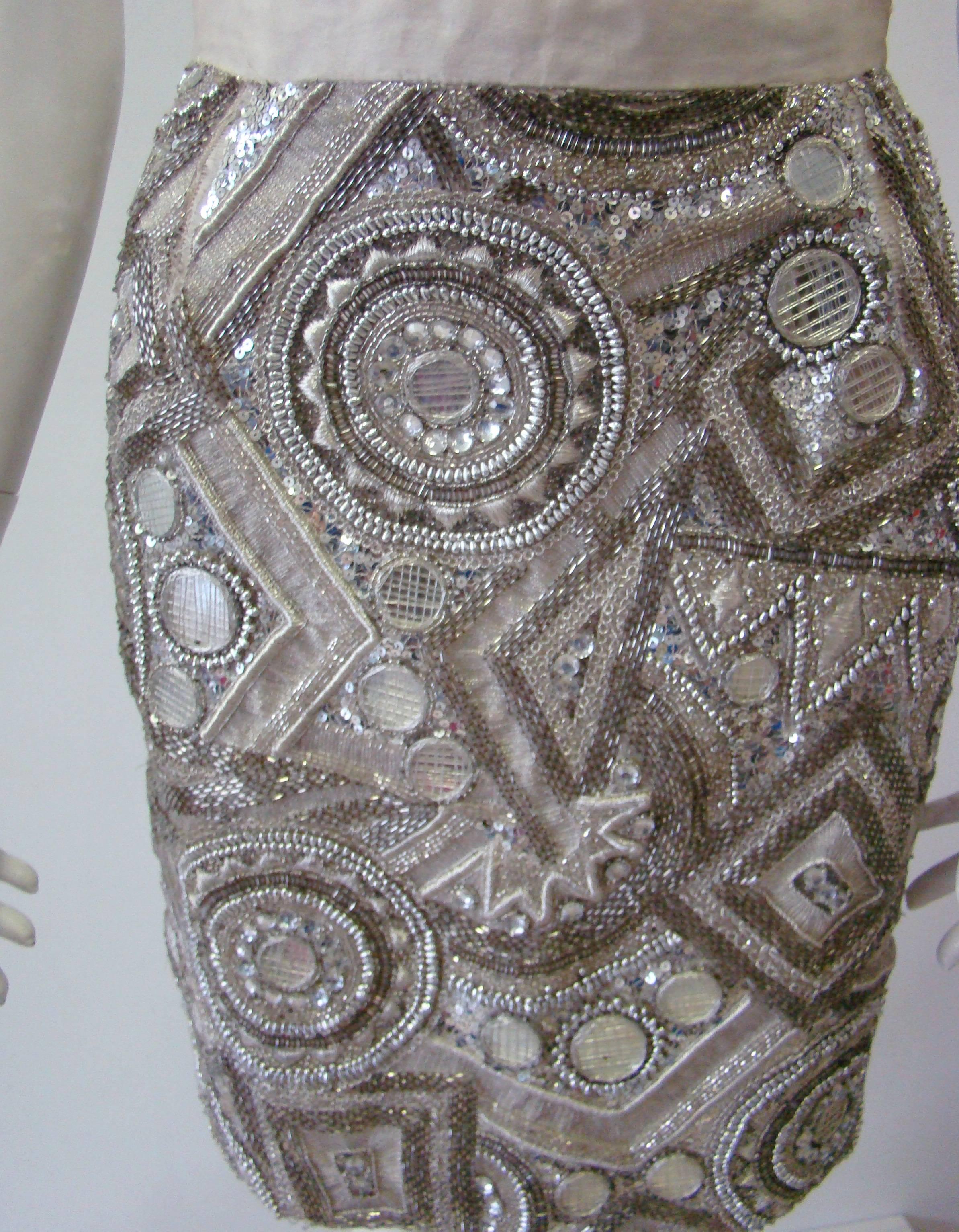 Very Rare Ella Singh Embroidered Silk Sequin Mini Skirt 1990s In Fair Condition For Sale In Athens, Agia Paraskevi