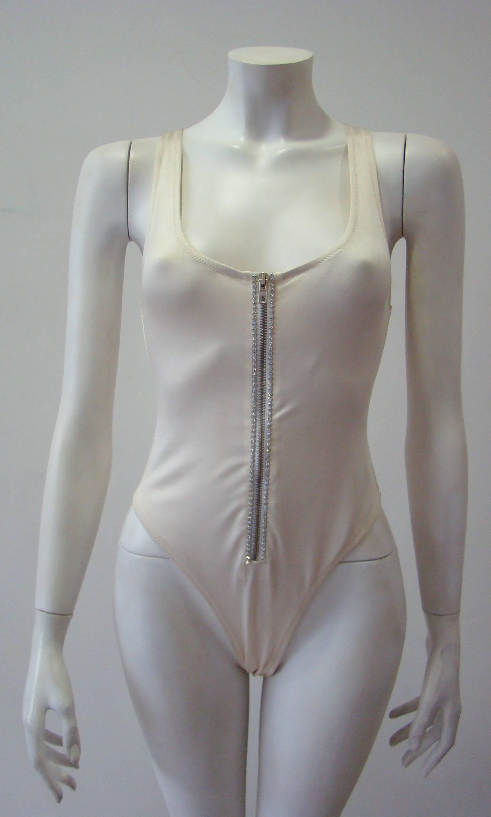 Gianni Versace Mare Stretch White Bathing Suit With Zip Front Detailing Spring 1996