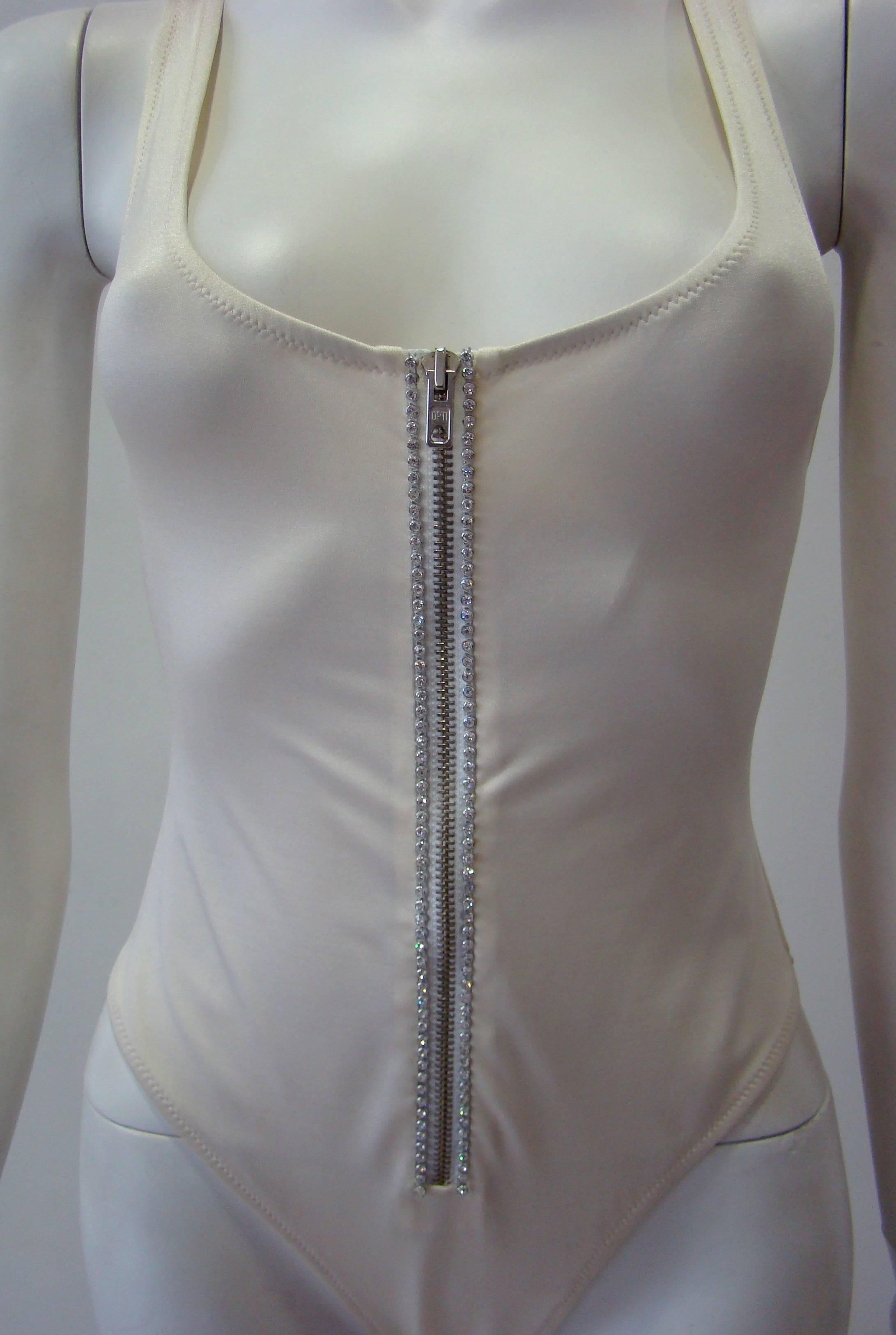 Gray Gianni Versace Mare Stretch White Bathing Suit With Zip Front Detailing