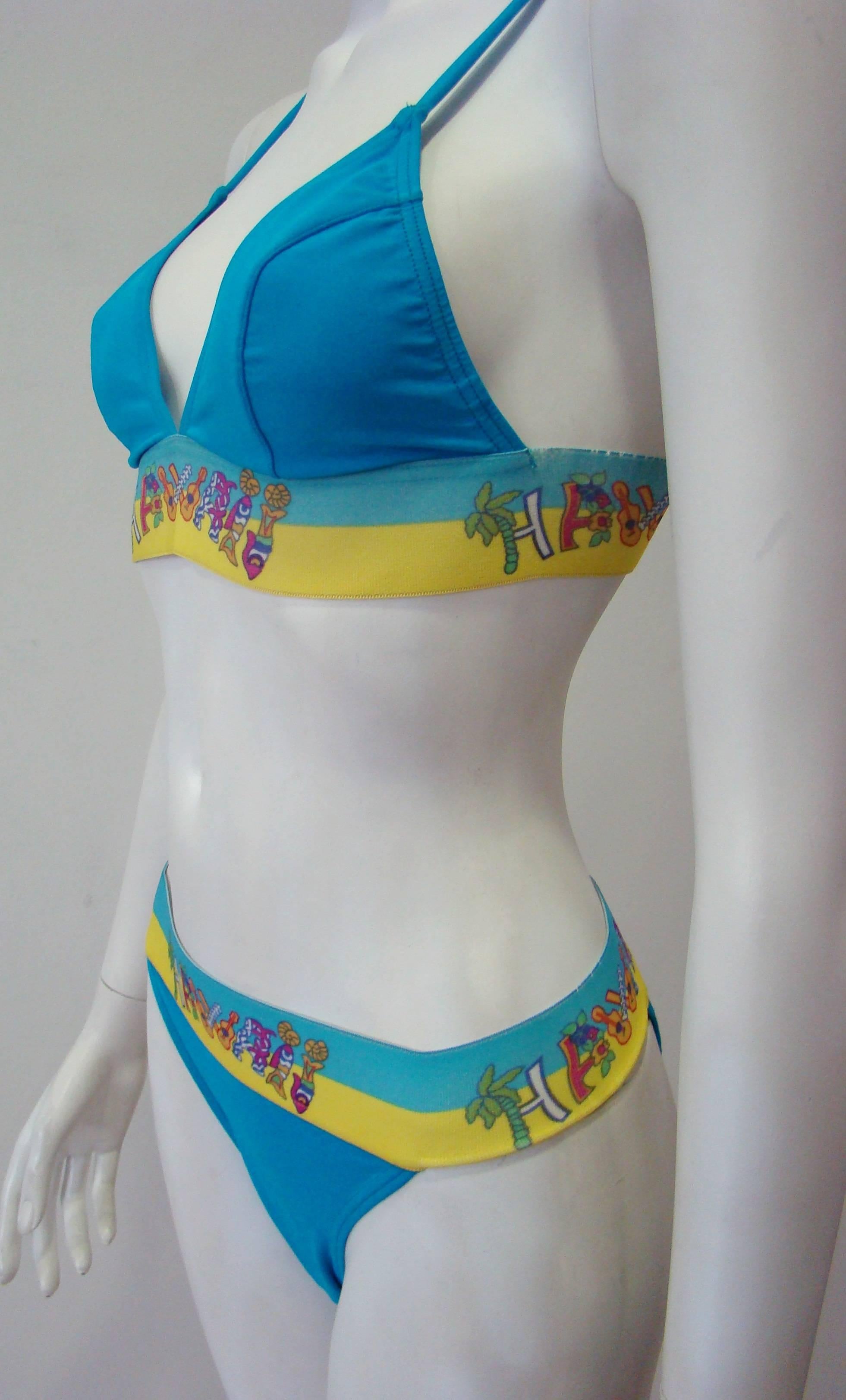 Istante By Gianni Versace Turquoise Bikini With Hawai Print Spring 1998 For Sale 1