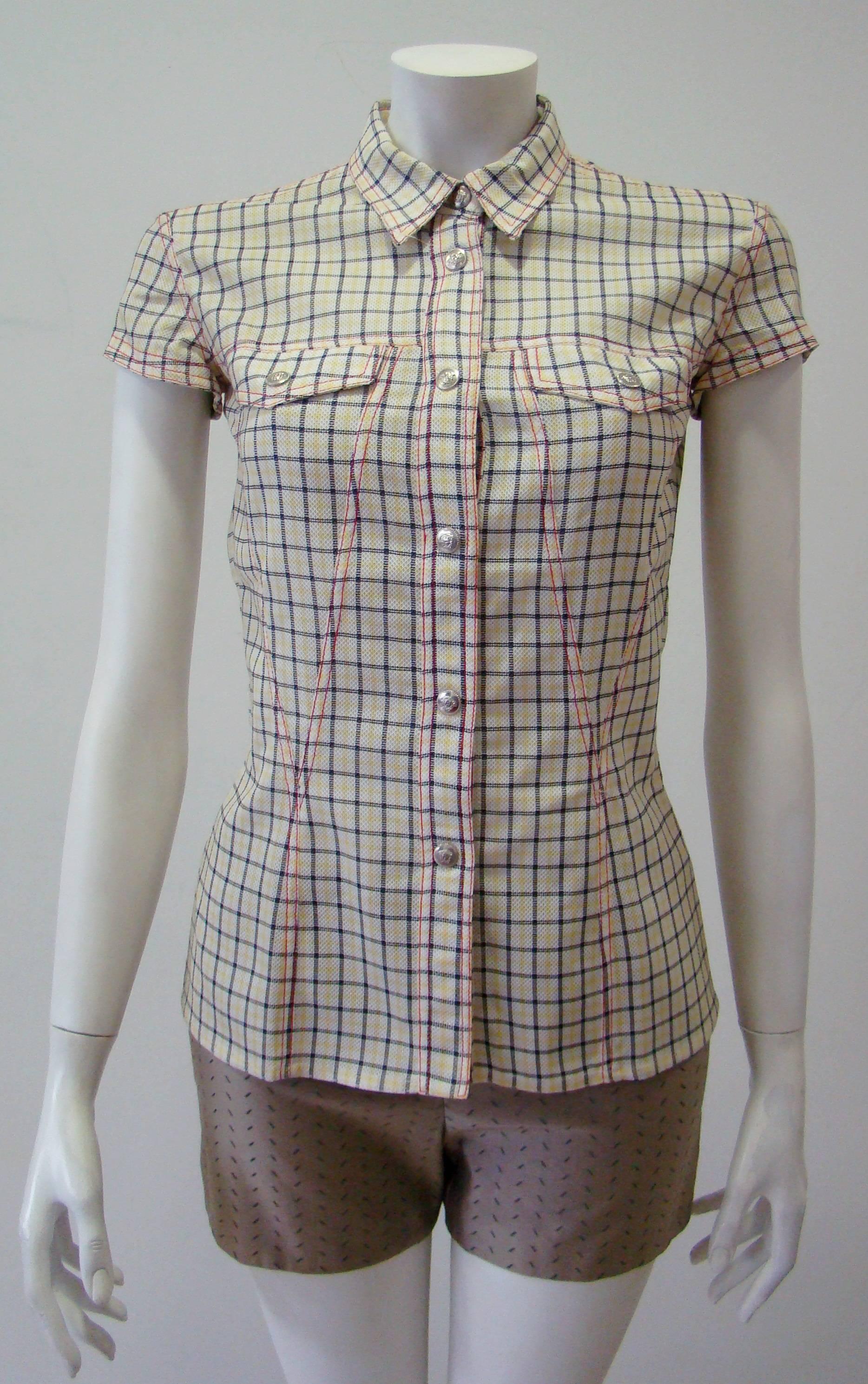 Gianni Versace Couture Front Snap Fastening Checked Cotton Shirt Top
