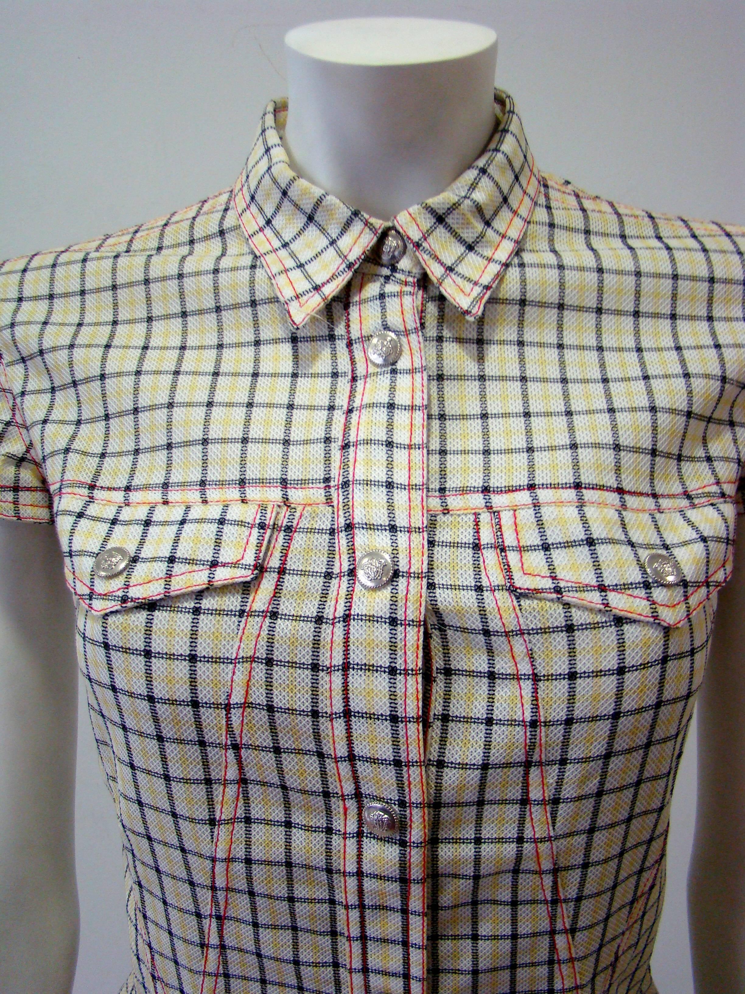 Gray Gianni Versace Couture Checked Shirt Top For Sale