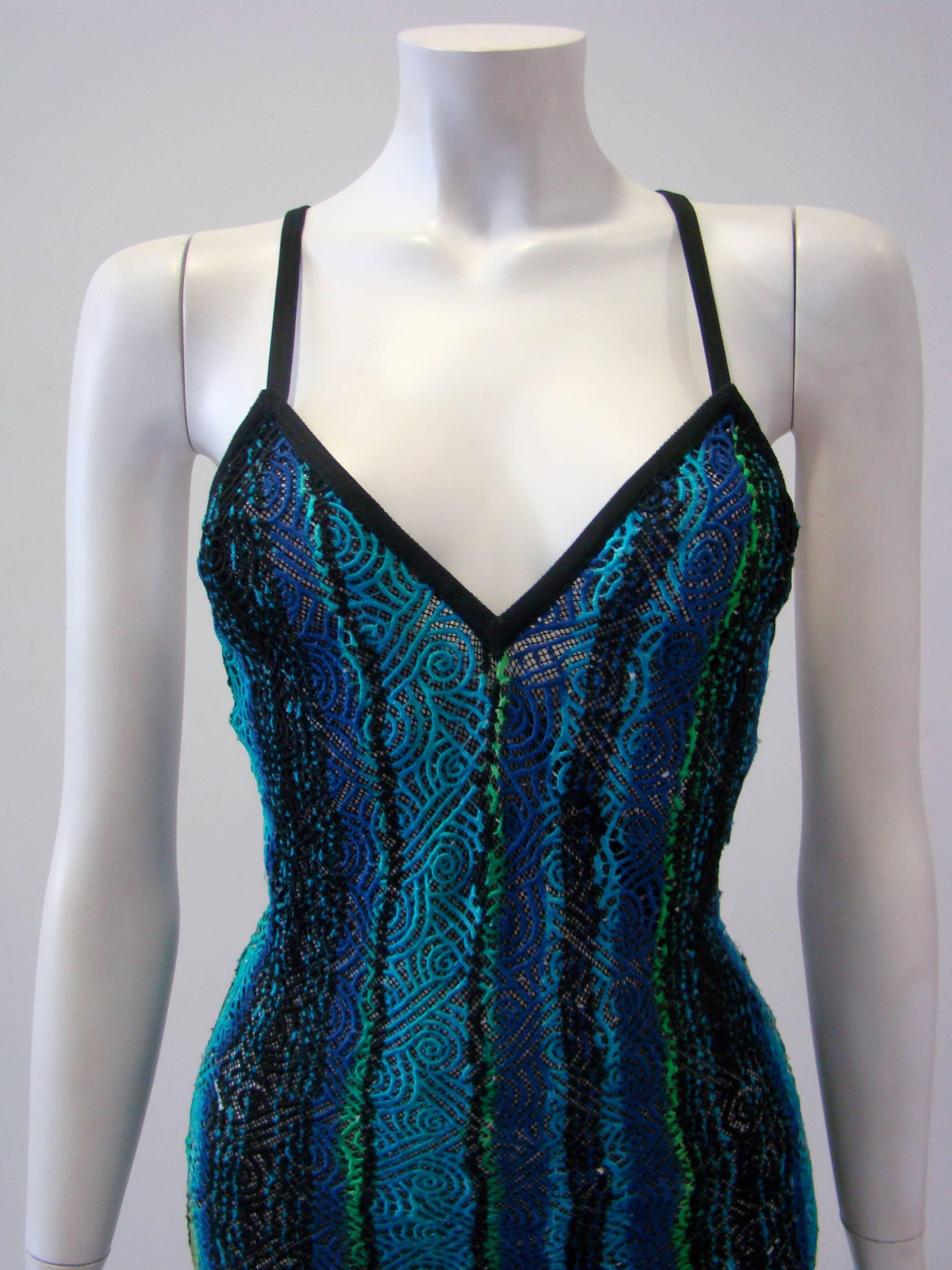 Blue Gianni Versace Couture Multi-Coloured Threaded Dress With Net Spring, 1994 For Sale