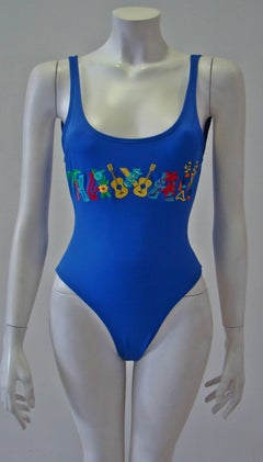 Istante By Gianni Versace Blue Bathing Suit With Hawai Printed Detail Front 1998
