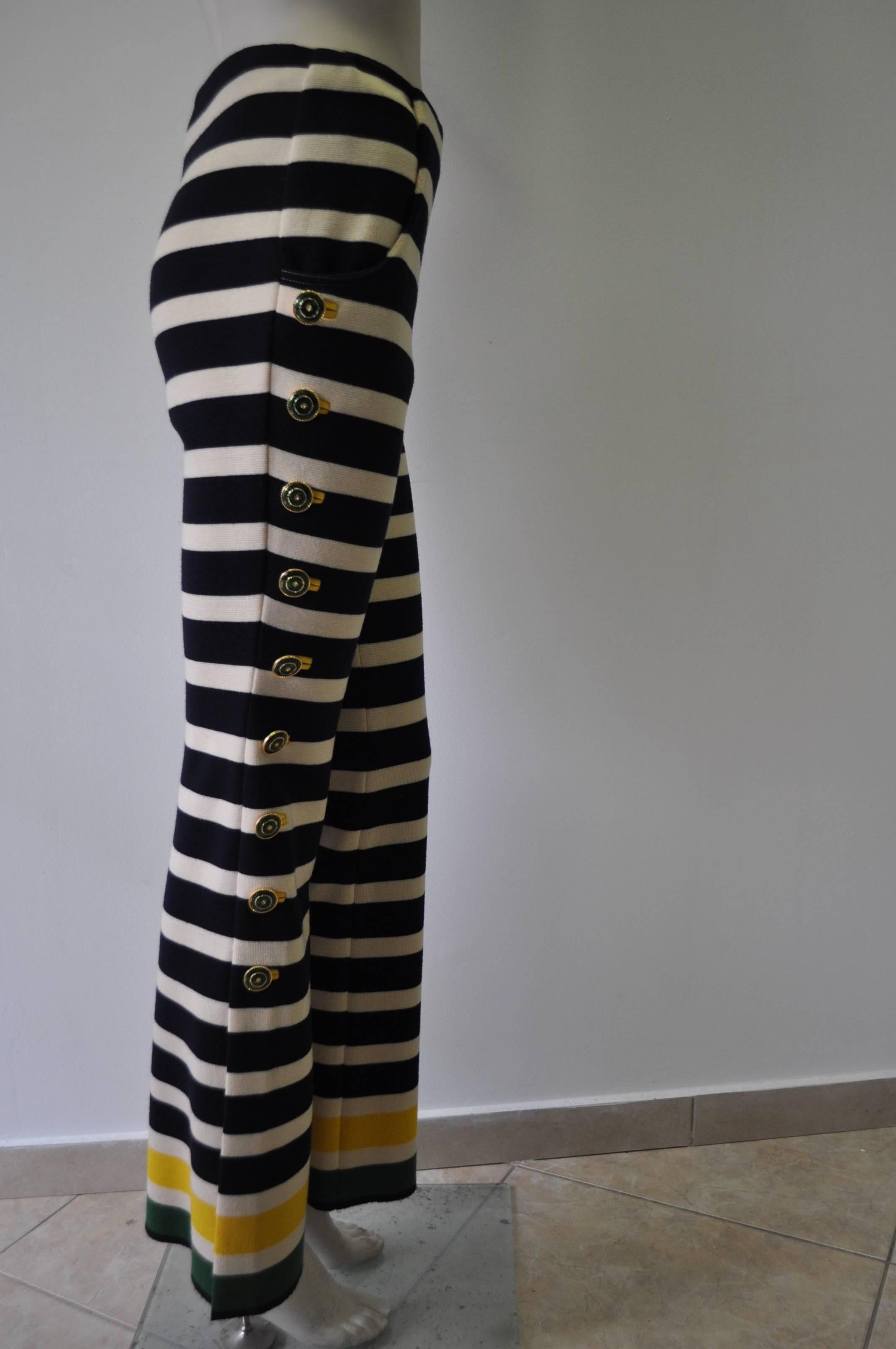 Rare and Important Atelier Versace 100% Wool Nautical Blue and Beige Striped Pants with Green and Yellow Hem detail.  Yellow button holes along left pant leg and right pocket with gilt metal and green paste buttons. Exceptionally hip nautical theme