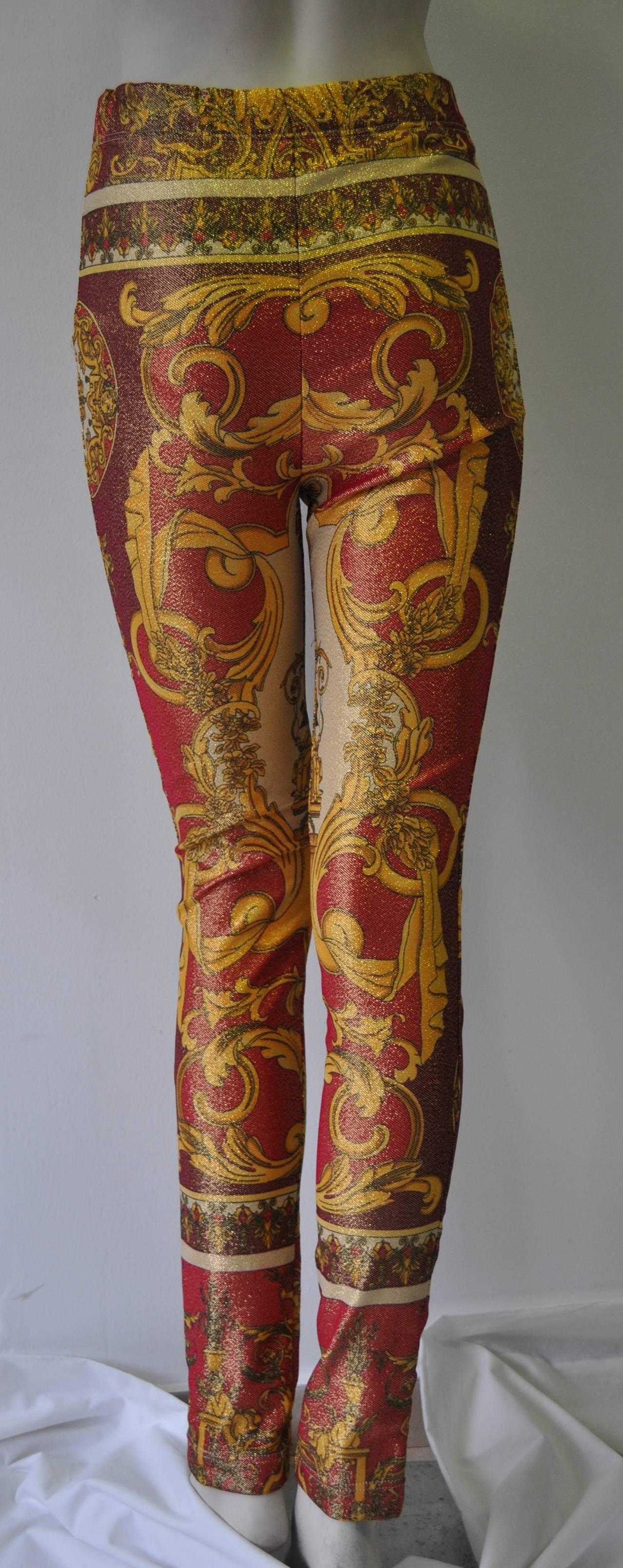 Iconic Gianni Versace Couture Baroque Printed 71% Nylon, 20% Spandex, 9% Polyester Evening Leggings.  Immortalised by Linda Evengelista.  Spring 1992