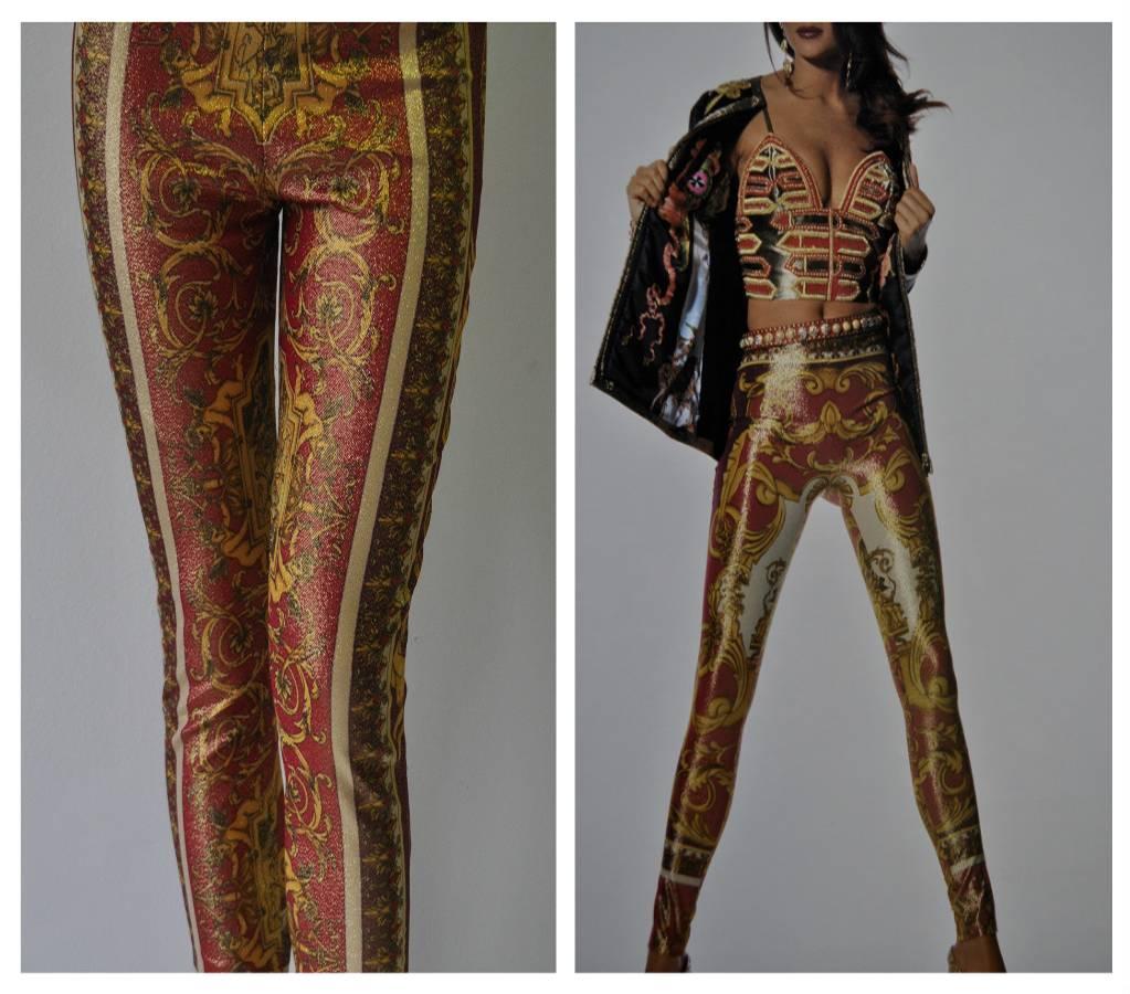 Brown Iconic Gianni Versace Couture Baroque Printed Evening Leggings For Sale