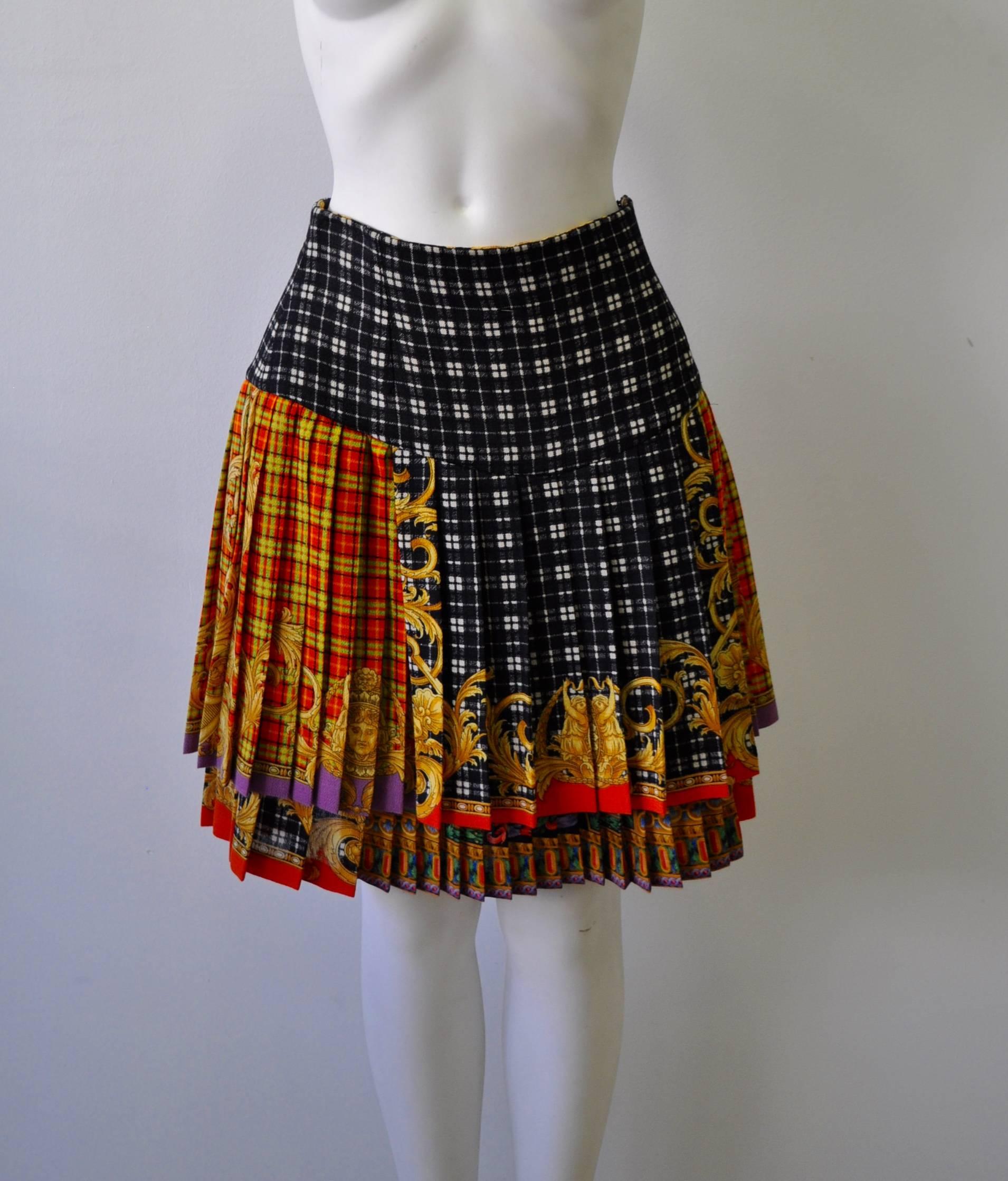 Gianni Versace Couture Tartan Pleated Wool Blend Skirt interspersed with the Iconic Medusa image and layered baroque print from the notorious Bondage Collection Fall 1992