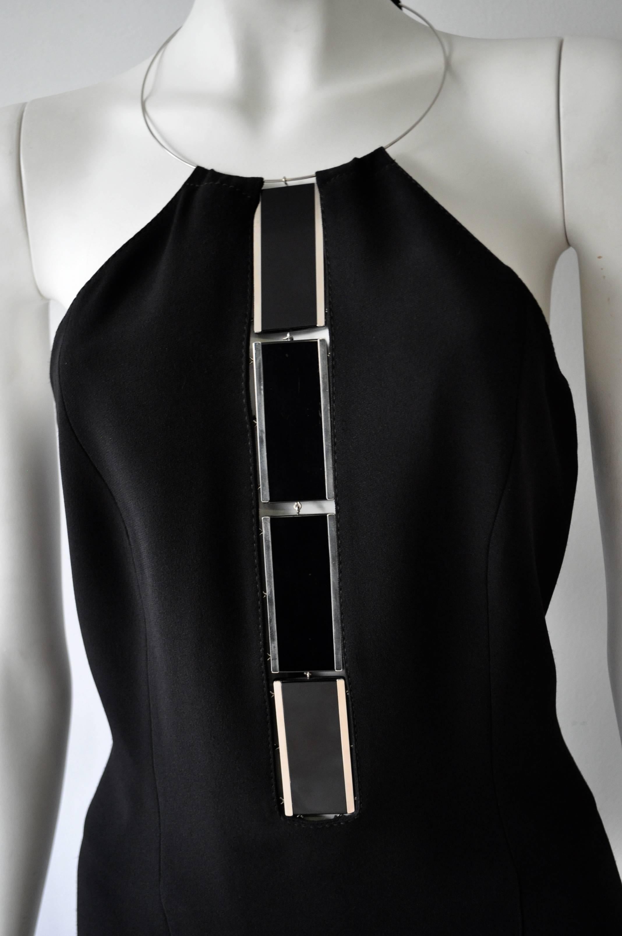 Mod Angelo Mozzillo Black Mini Cocktail Dress Featuring Unique Round Metal Collar Necklace Connecting Geometric Hardware Breast Plaque.