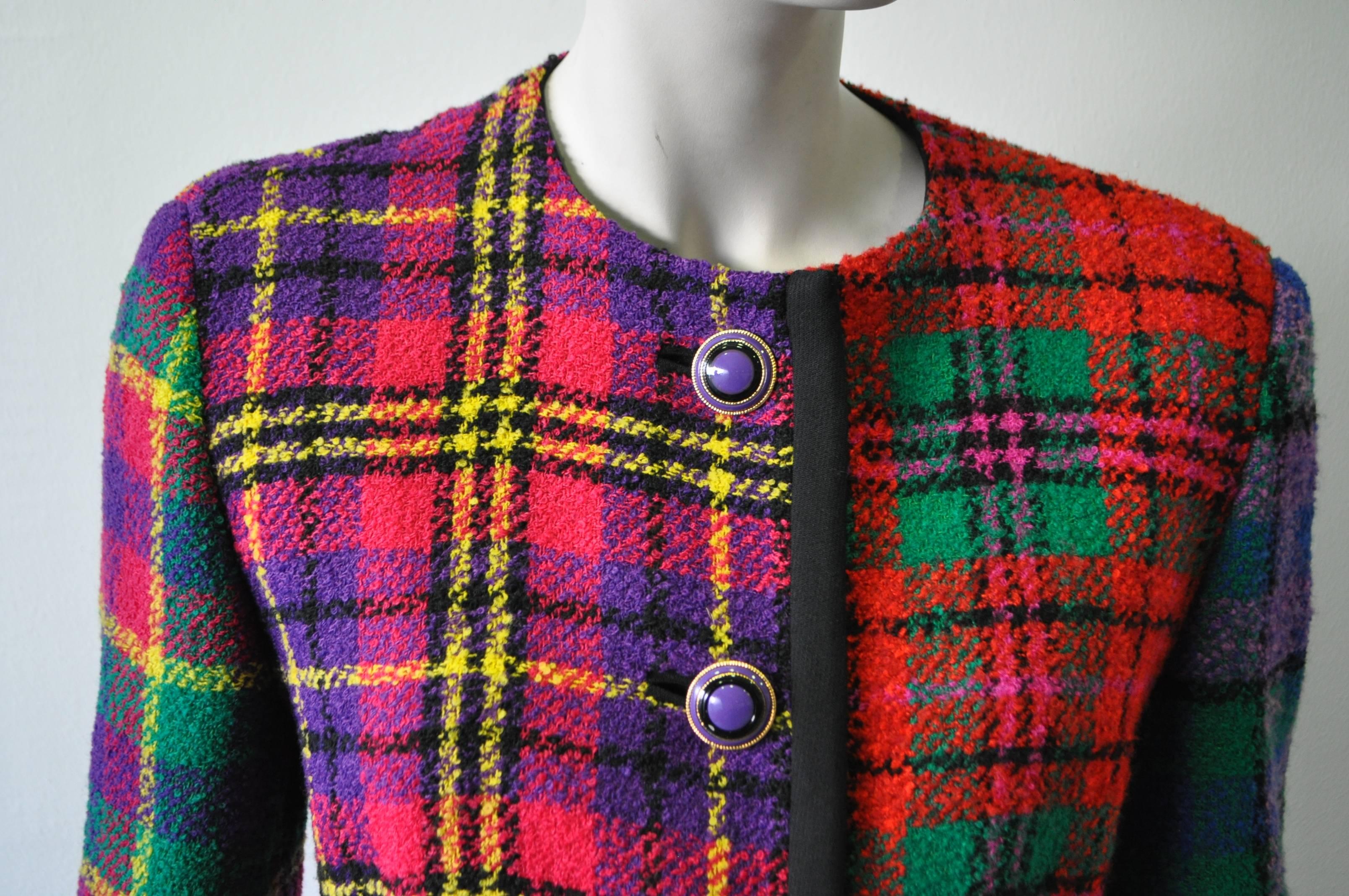 Gianni Versace Couture Wool Mohair Blend Tartan Boucle Blazer with Bold Gilt Metal and Purple Paste Buttons and 100% Silk lining featuring the inimitable Greek Key Design 