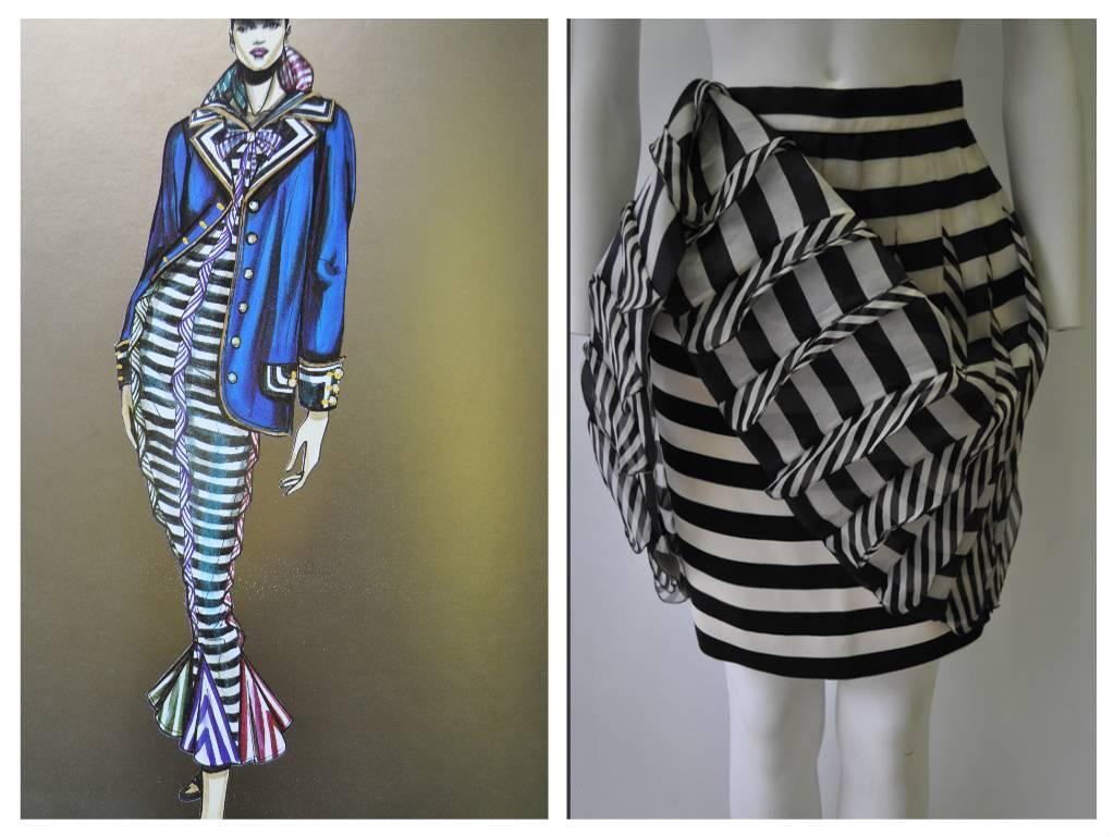 Very Rare Atelier Versace Nautical Vertical Silk Frill Horizontal Stripe Skirt In New Condition For Sale In Athens, Agia Paraskevi