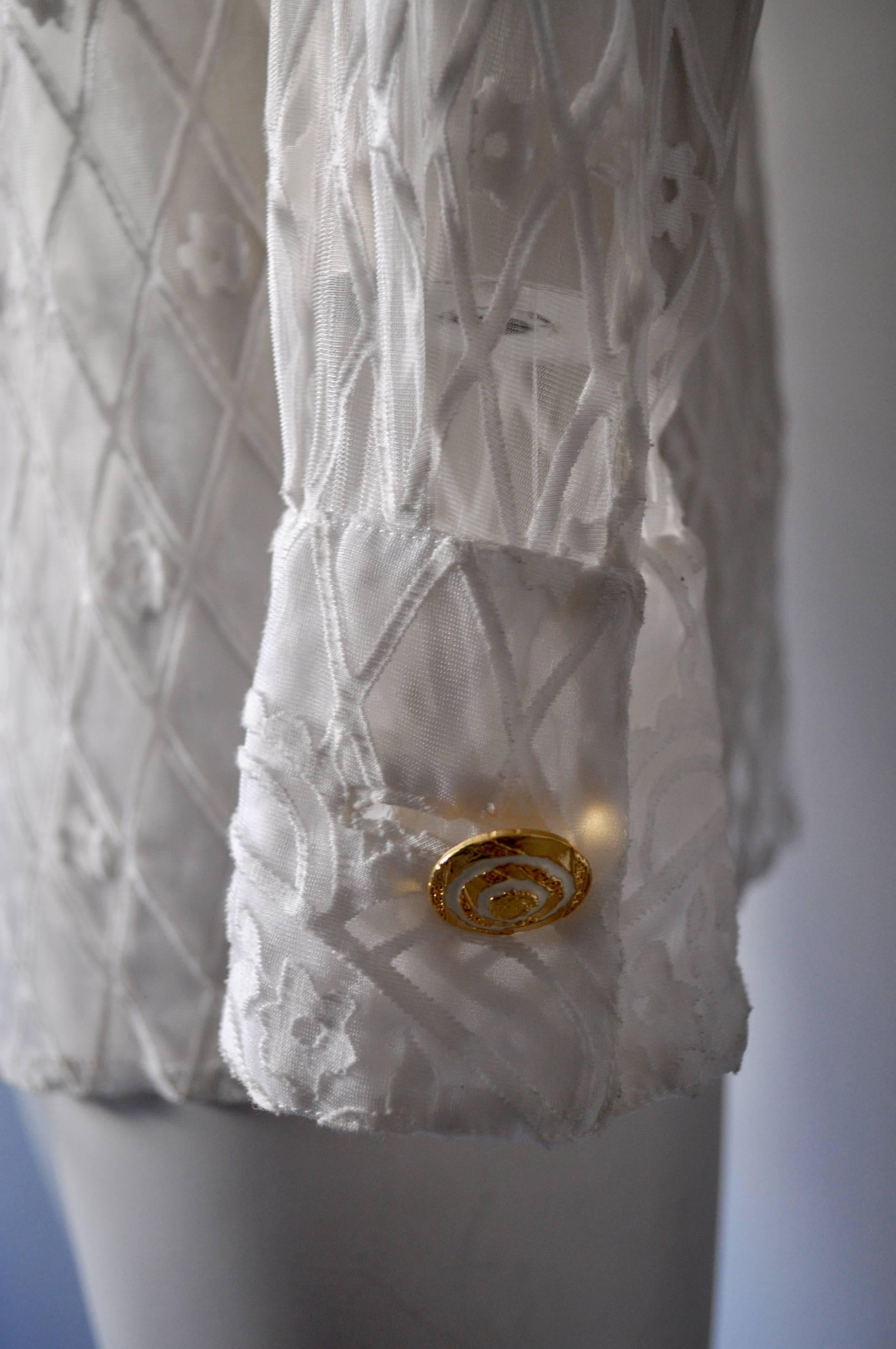 Eclectic Gianni Versace Couture Laser-Cut Sheer White Silk Shirt In New Condition For Sale In Athens, Agia Paraskevi