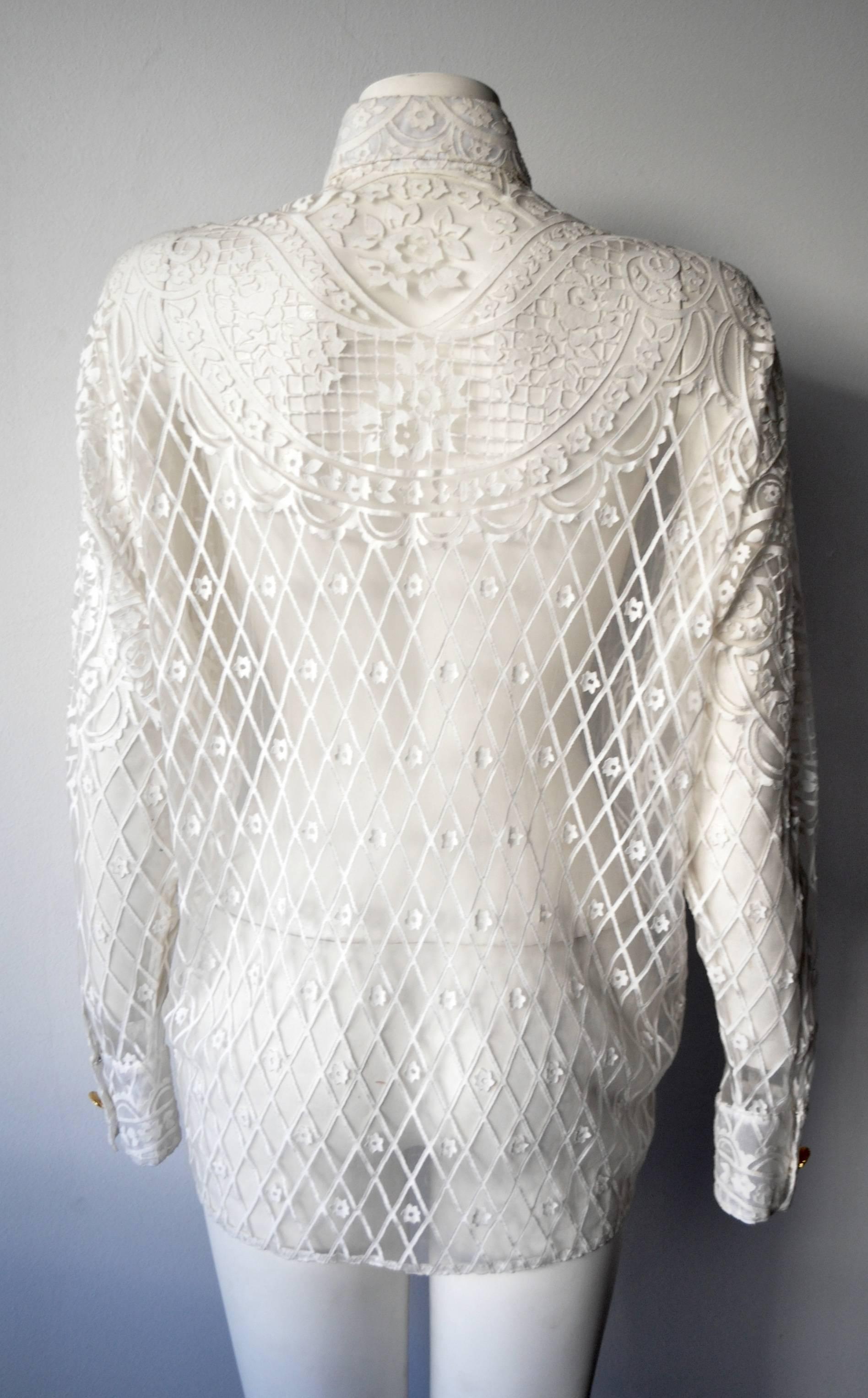 Women's Eclectic Gianni Versace Couture Laser-Cut Sheer White Silk Shirt For Sale