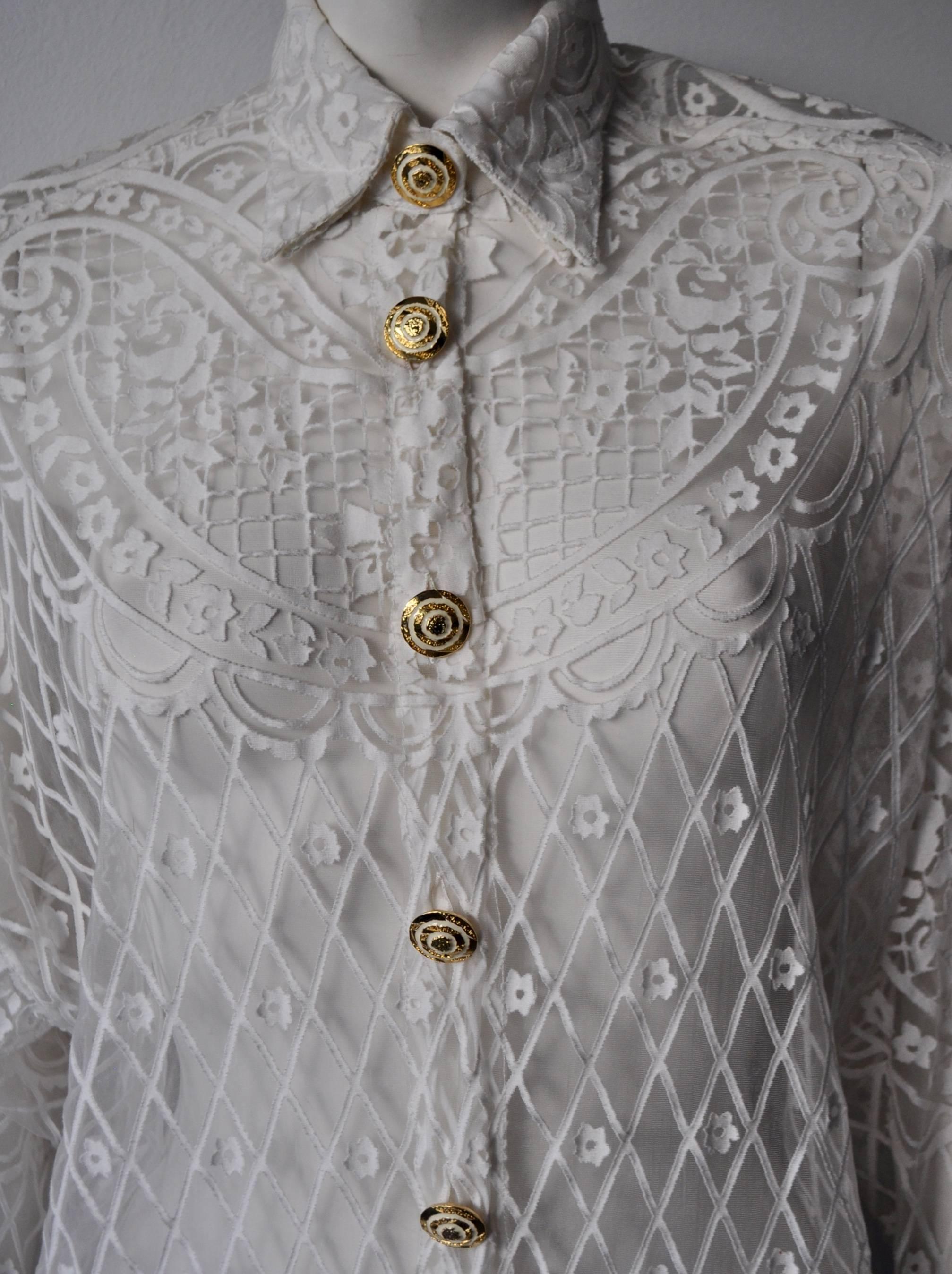 Gray Eclectic Gianni Versace Couture Laser-Cut Sheer White Silk Shirt For Sale