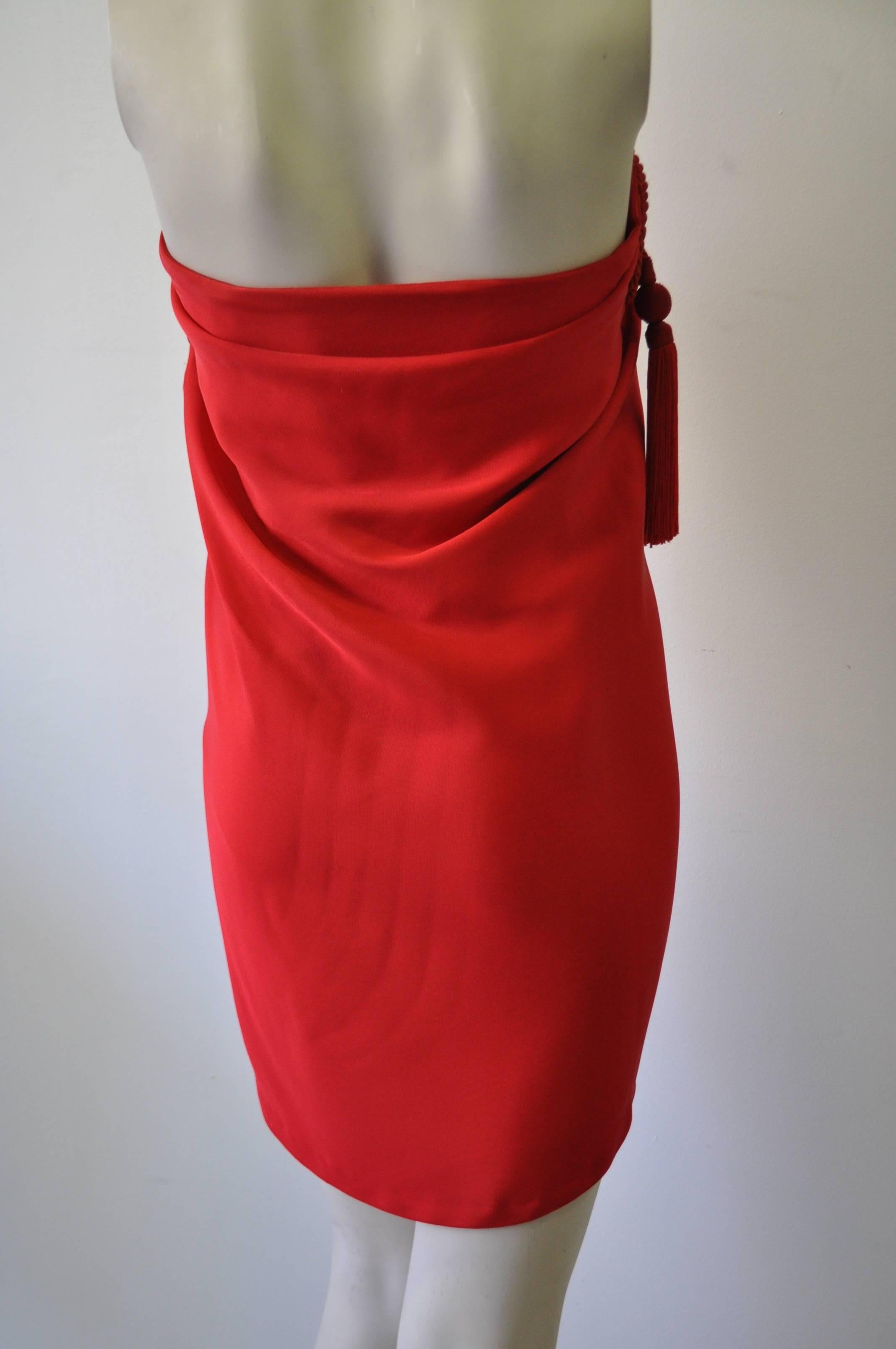 Red Daring Gianni Versace Couture Silk Tassel Draped Silk Mini Dress For Sale