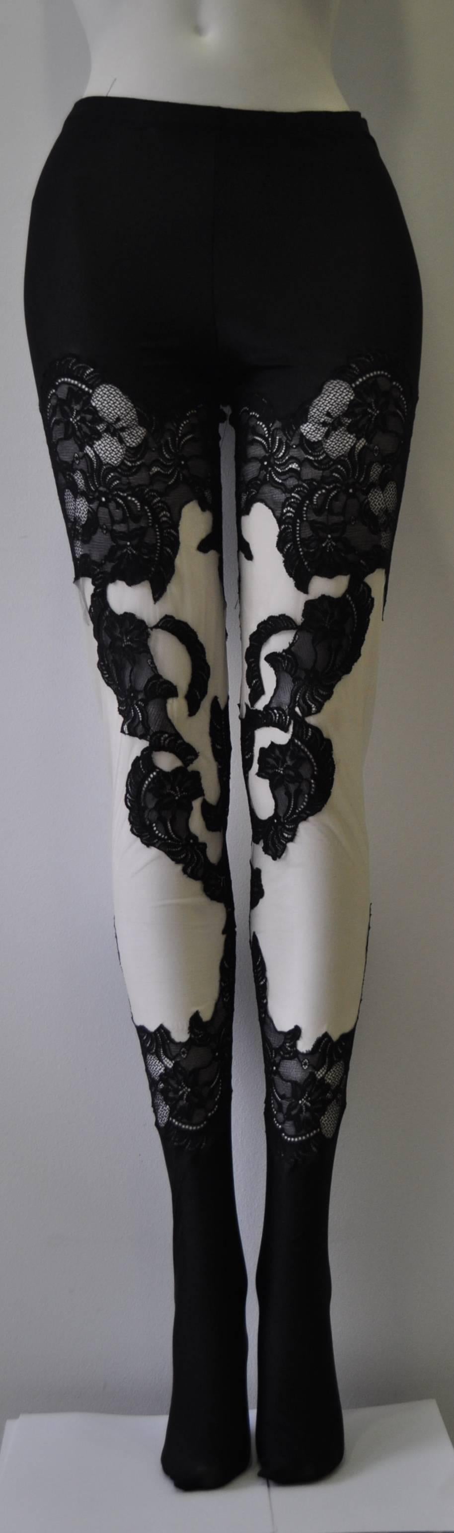 One of a Kind Atelier Versace Punk Contrast Black Lace and Sheer Silk Leggings from the Notorious Punk Collection, Fall !993