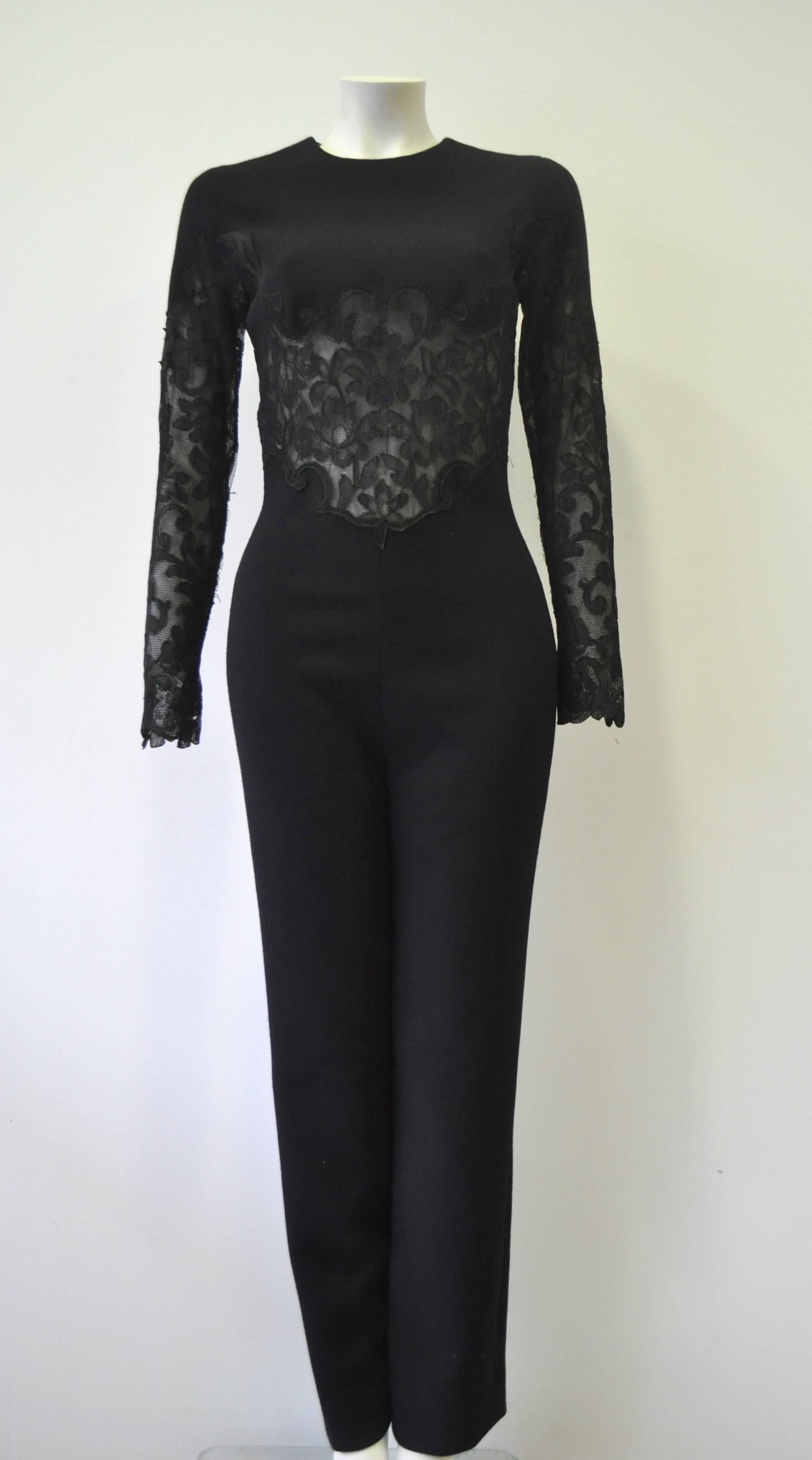 Very Original Gianni Versace Couture Knock-Out Evening 100% Wool Jumpsuit with Sheer Lace Midriff Panel, Fall 1991