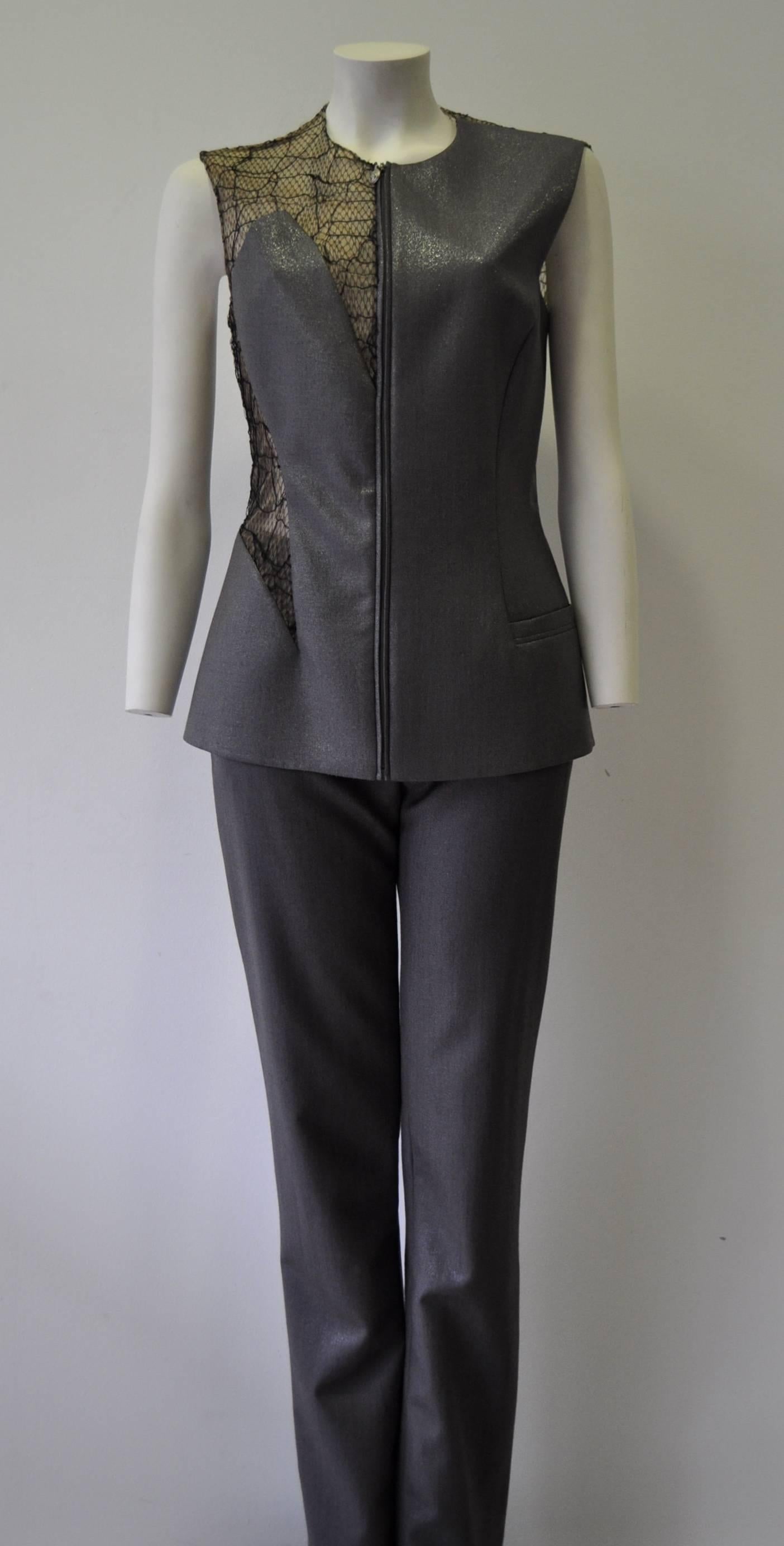 Gianni Versace Couture Grey Metallic Mesh Aplique Vested Pantsuit with Mini Medusa Front Zipper Pull Tag