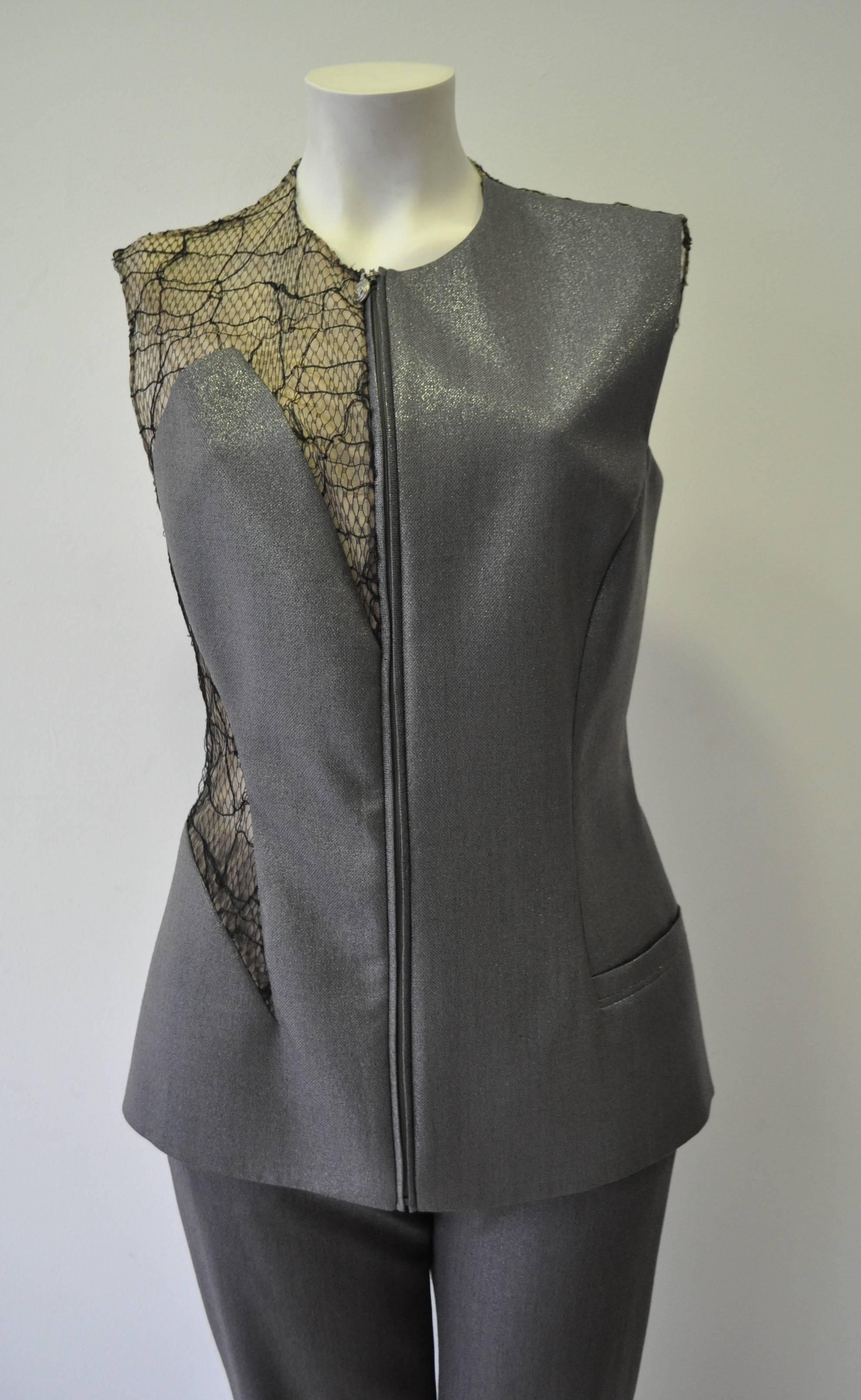 Black Gianni Versace Couture Grey Metallic Mesh Applique Pantsuit For Sale