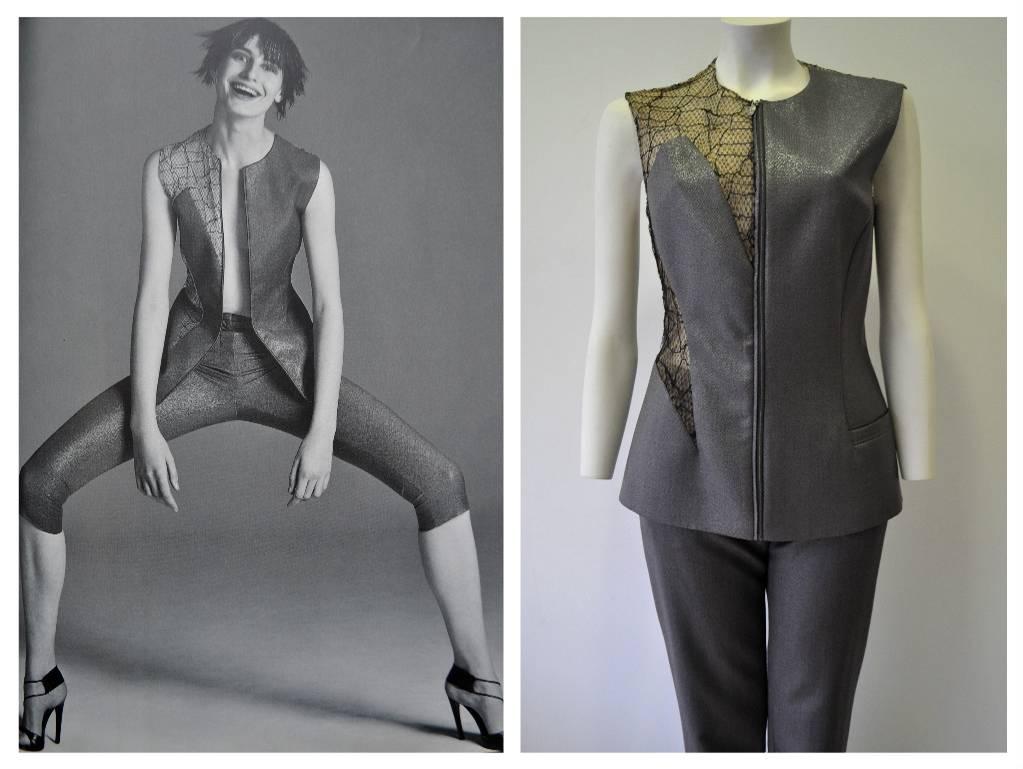 Gianni Versace Couture Grey Metallic Mesh Applique Pantsuit For Sale 1