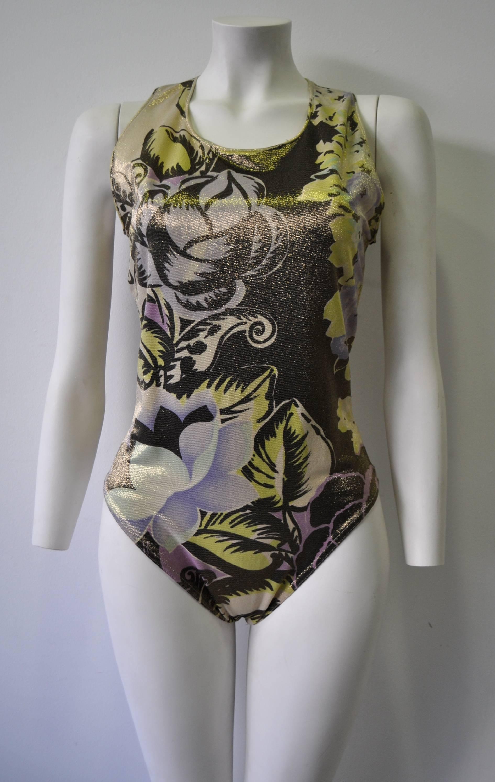 Rare Gianni Versace Silk Lurex Floral Printed Bodysuit, Spring 1992
