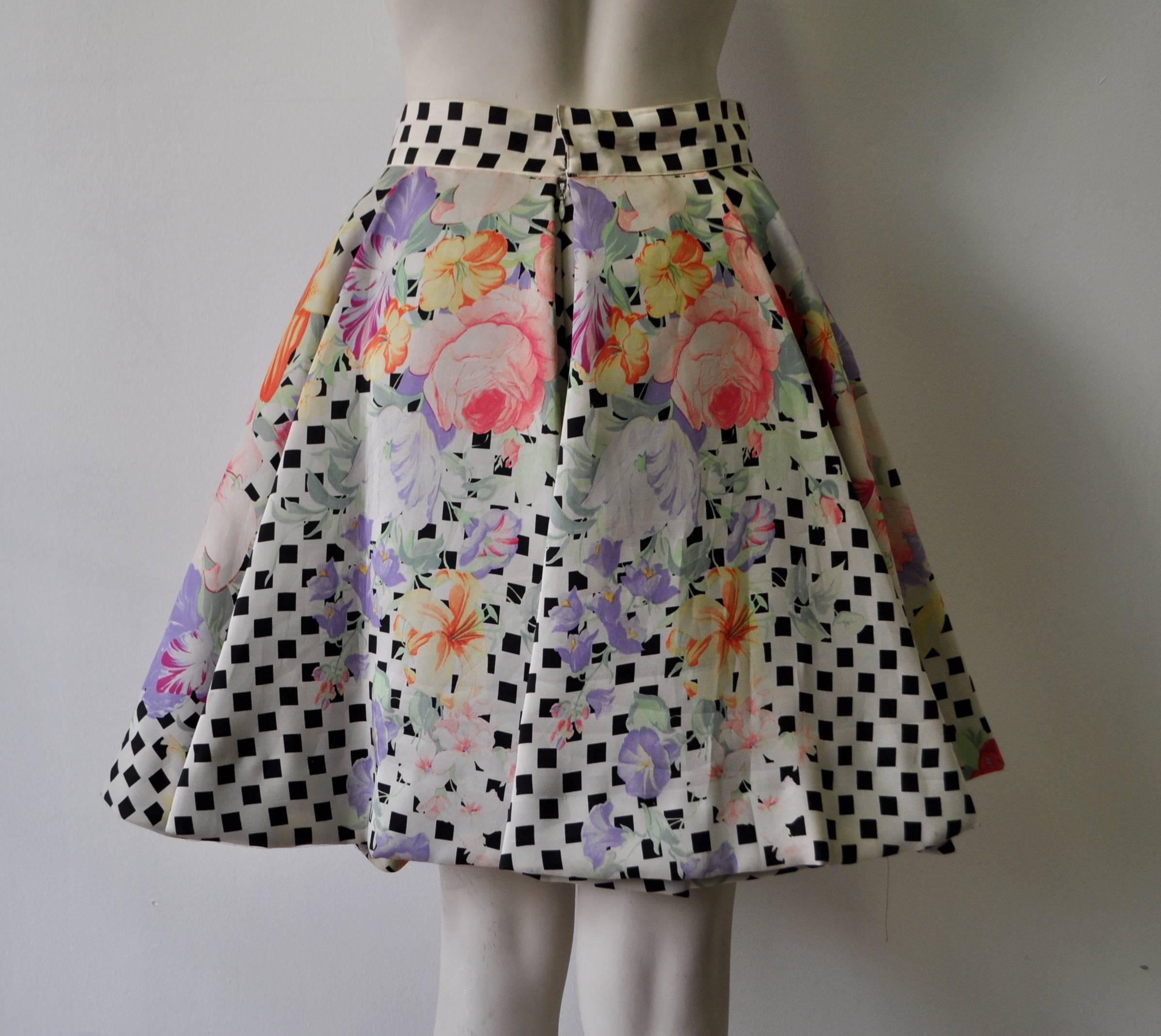 Gray Extremely Rare Gianni Versace Couture Floral Check Print Silk Flare Skirt For Sale