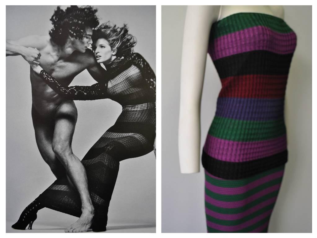 Rare Gianni Versace Couture Striped Knit Strapless Ensemble For Sale 1