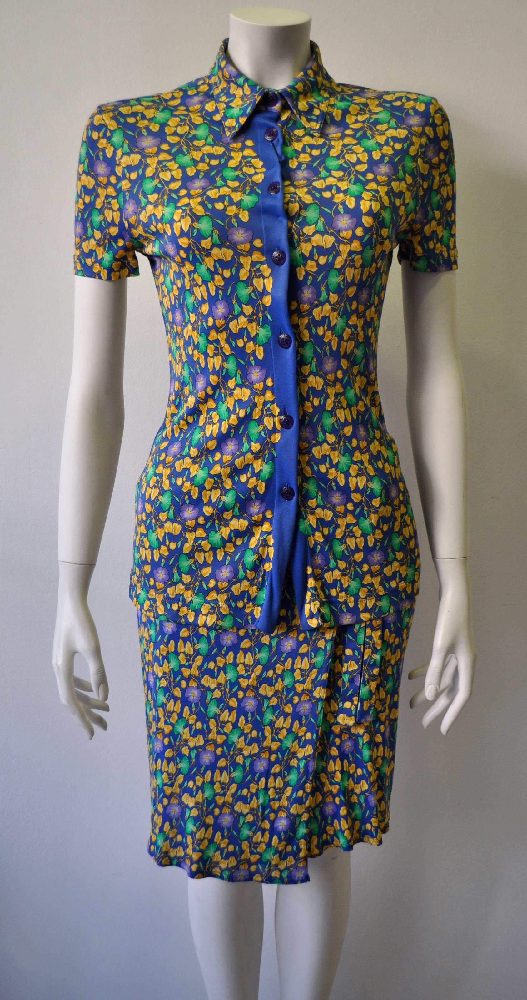 Gianni Versace Istante Original Floral Short Sleeve Top and Wrap Skirt Ensemble