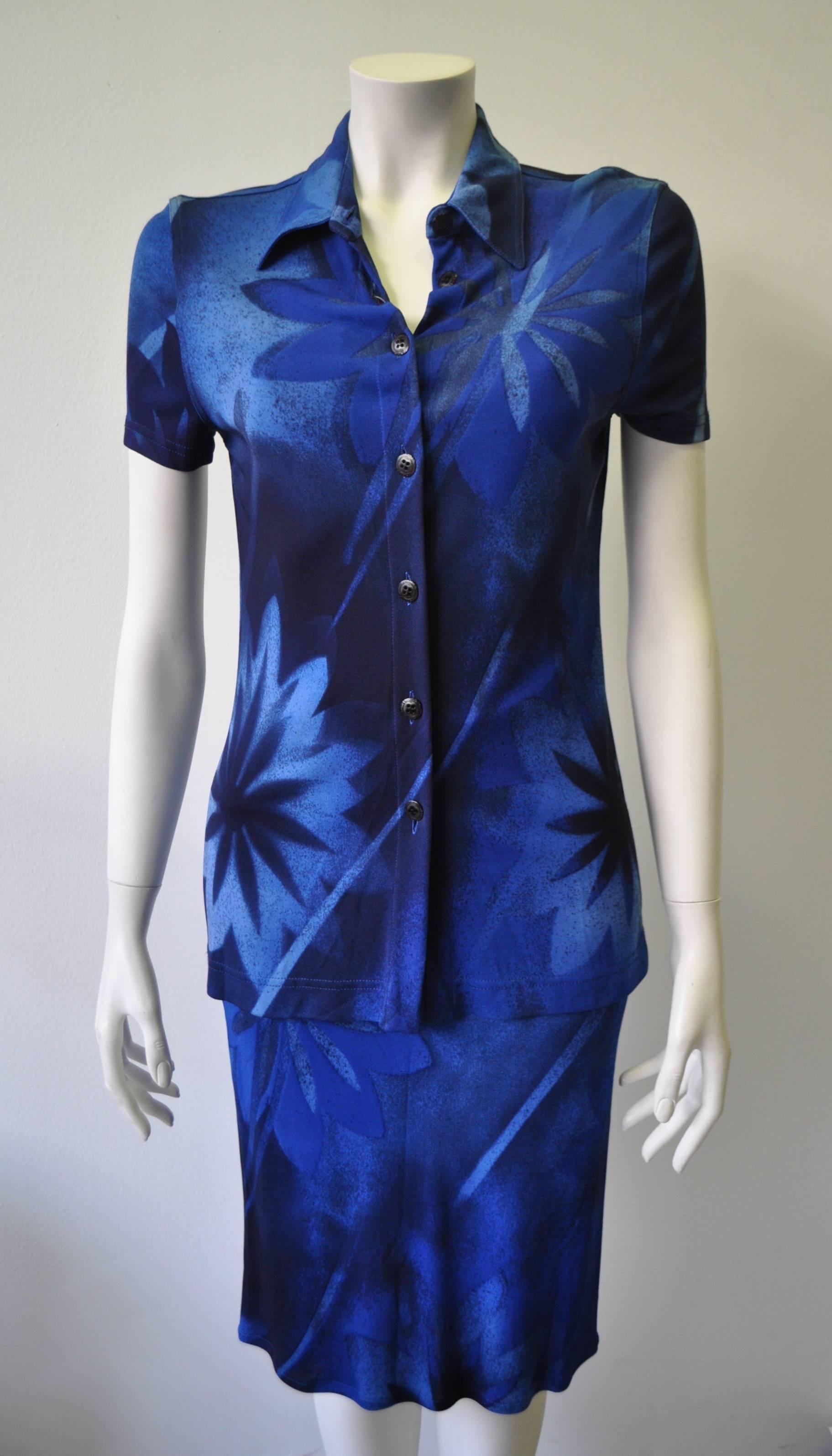 Gianni Versace Istante Deep Blue Floral Short Sleeve Top and Skirt Ensemble
