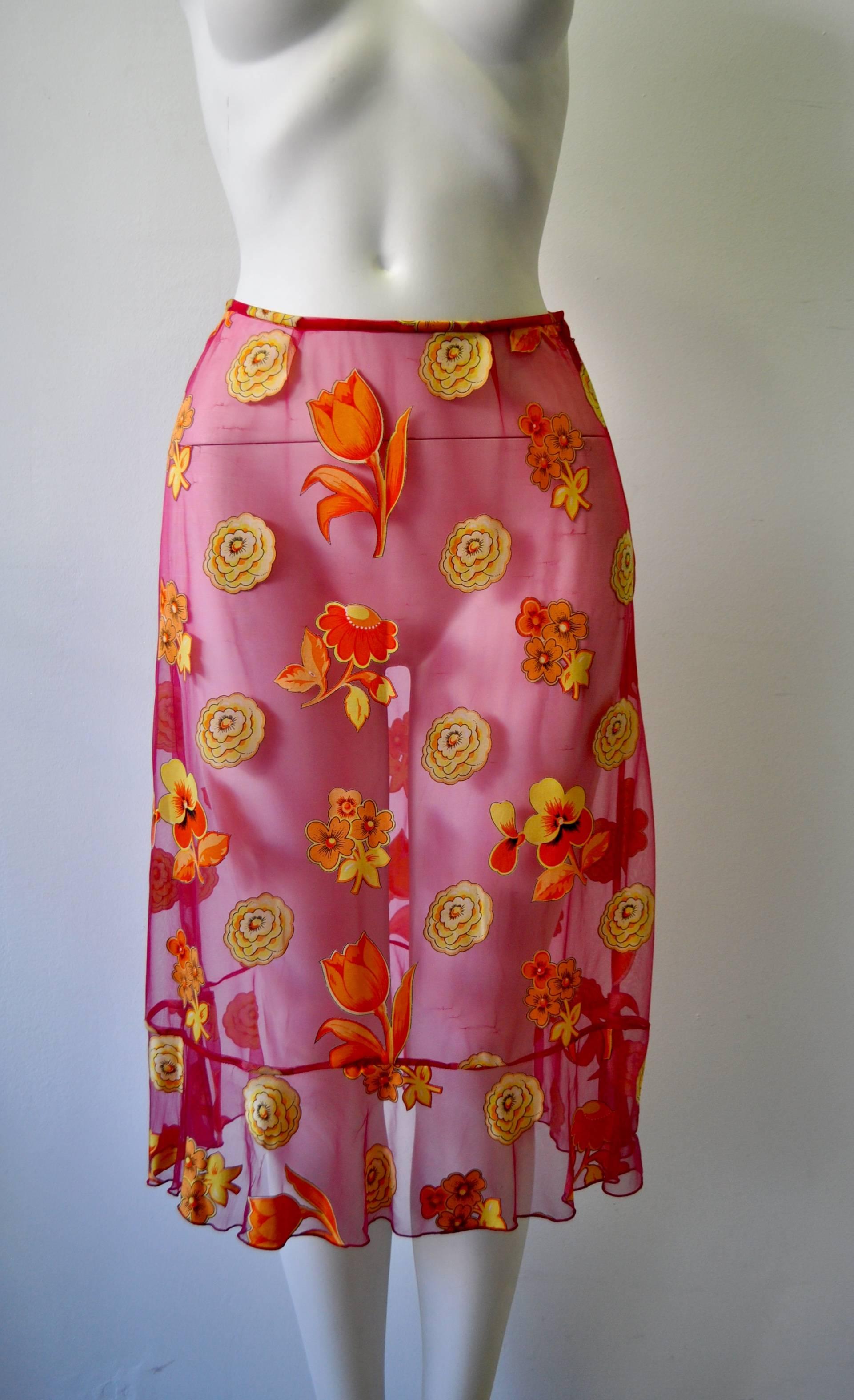 Brown Very Rare Gianni Versace Istante Sheer Floral Peplum Top Skirt Ensemble For Sale