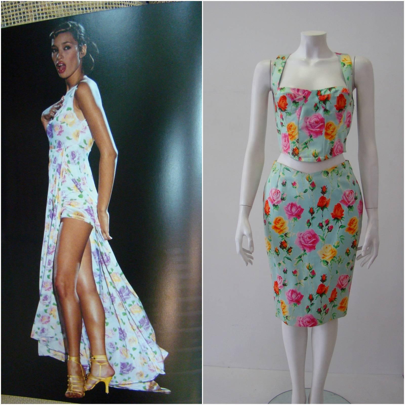 Gianni Versace Couture Floral Bustier and Pencil Skirt Ensemble For Sale 1