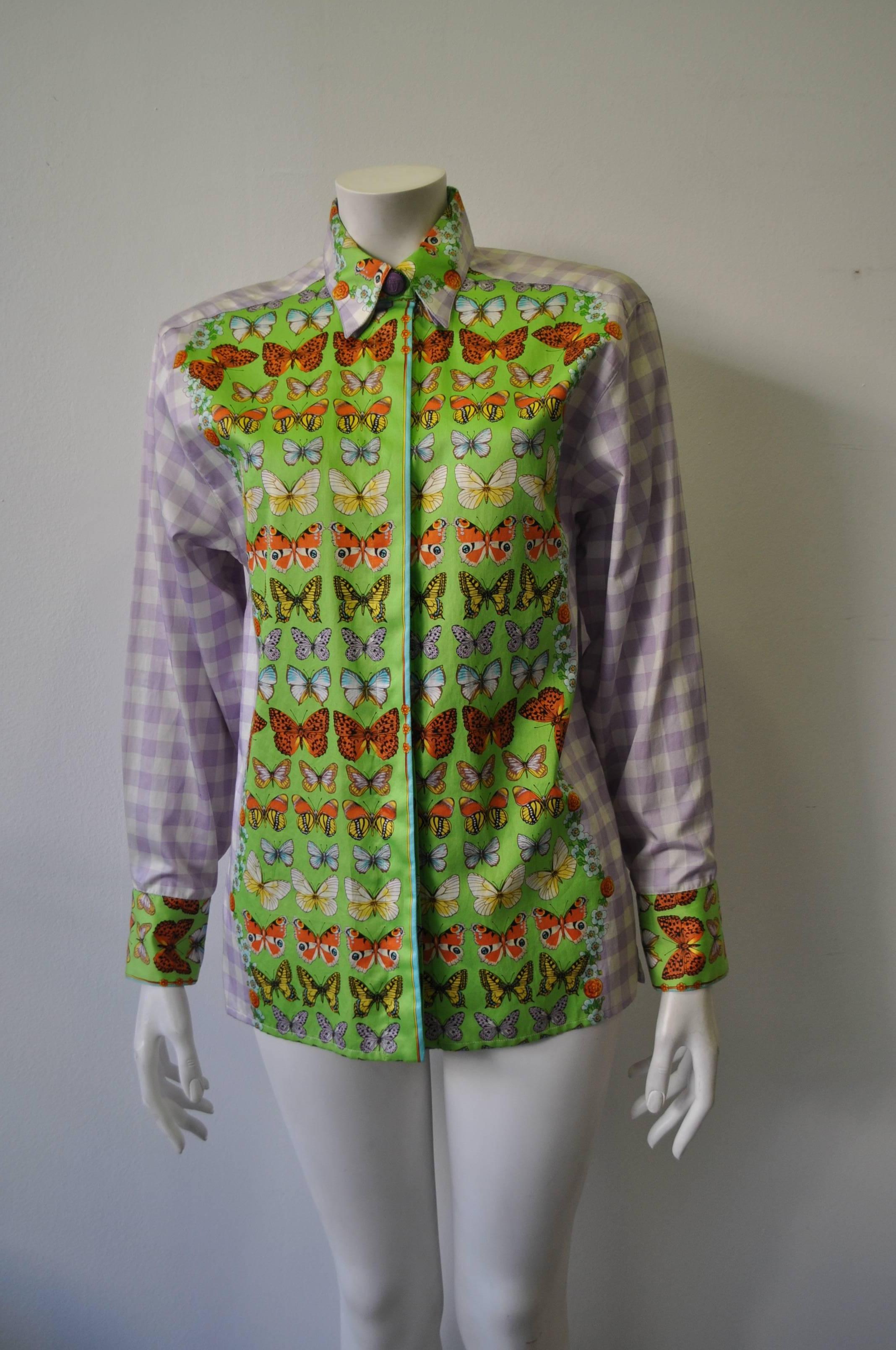 Gianni Versace Couture Iconic Butterflies Check Print Shirt featuring Purple Medusa Head Buttons