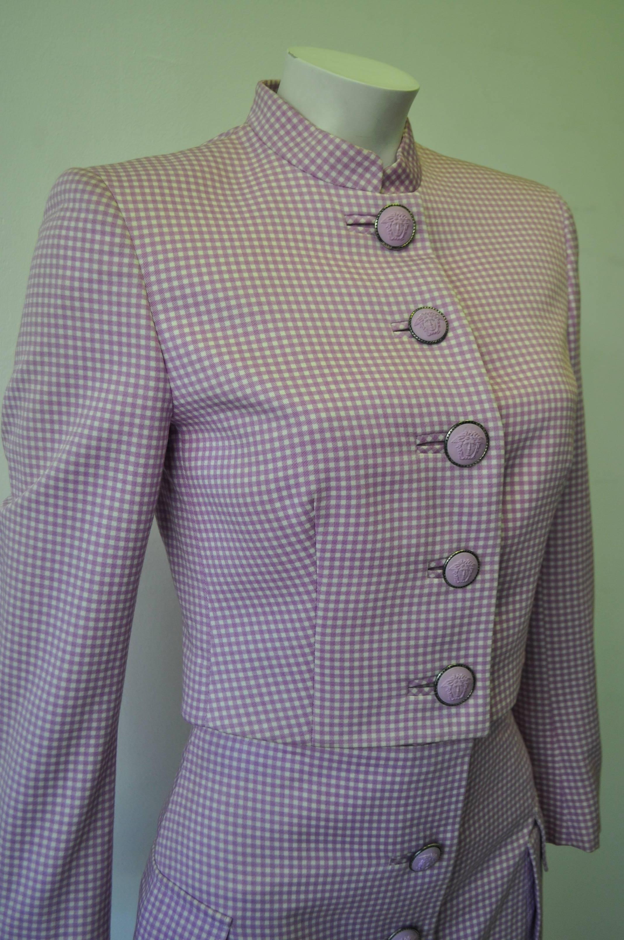 Gray Exceptional Gianni Versace Couture Check Skirt Suit featuring Medusa Buttons For Sale