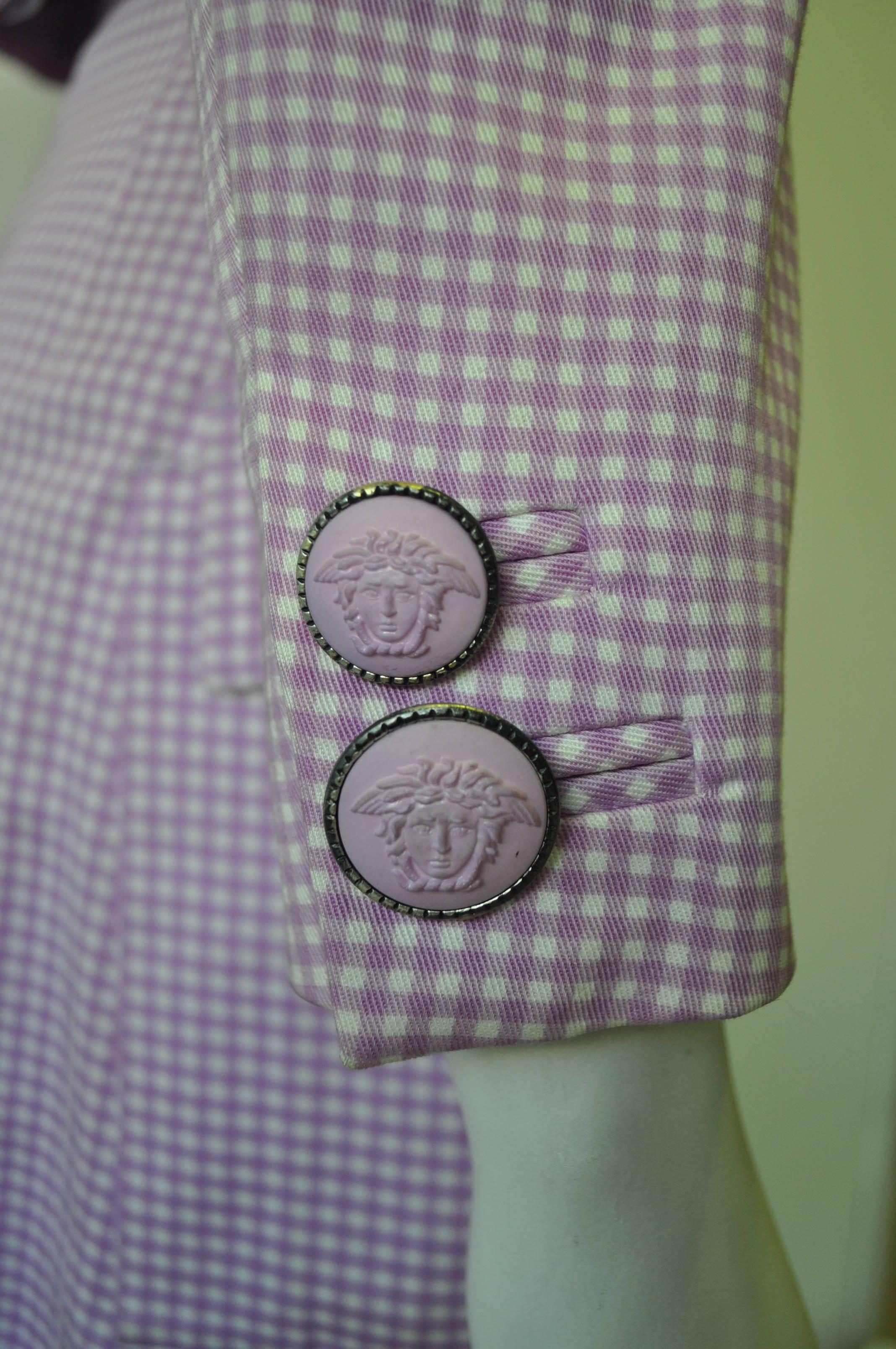 Exceptional Gianni Versace Couture Check Skirt Suit featuring Medusa Buttons For Sale 1