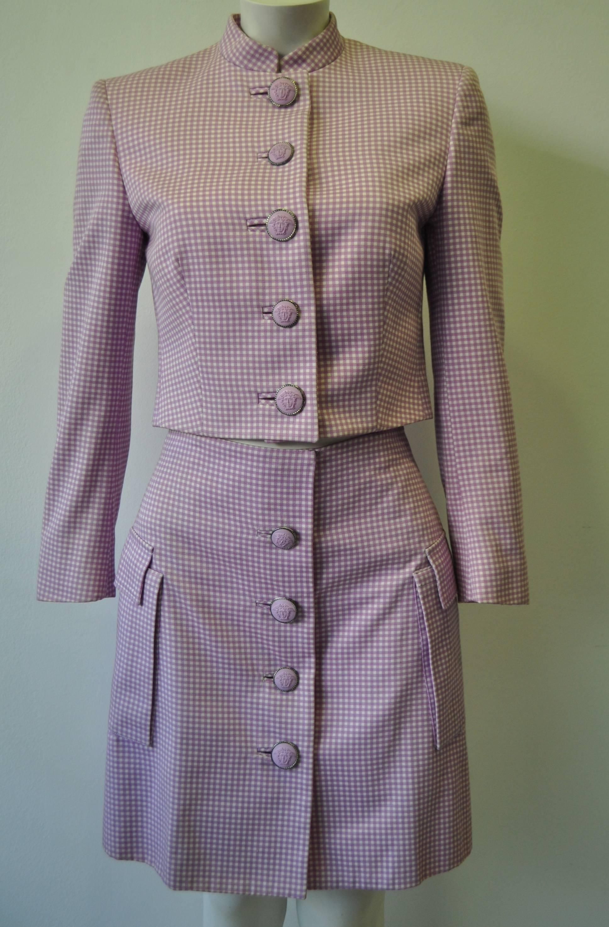 Exceptional Gianni Versace Couture Lilac Cotton Check Skirt Suit featuring Iconic Medusa Buttons