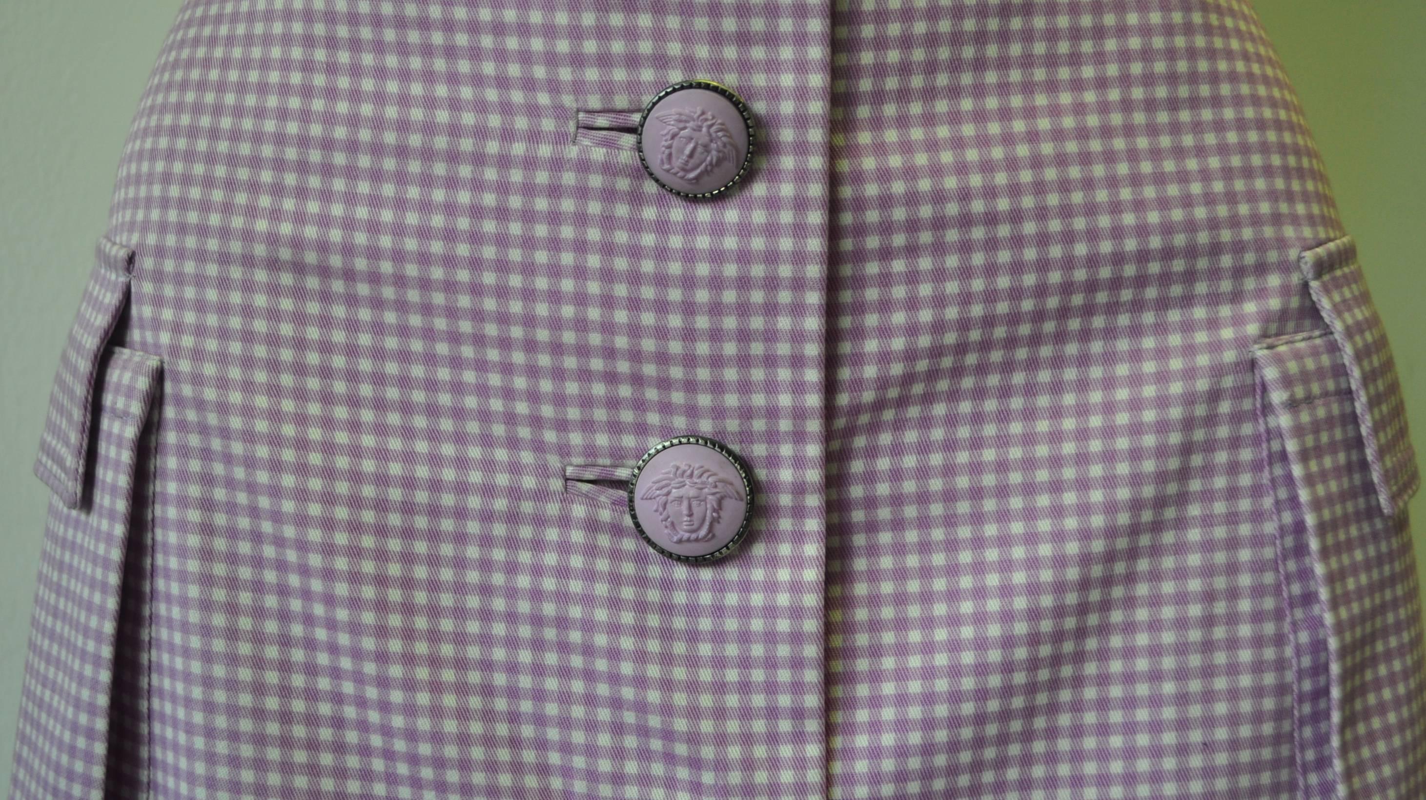 Women's Exceptional Gianni Versace Couture Check Skirt Suit featuring Medusa Buttons For Sale