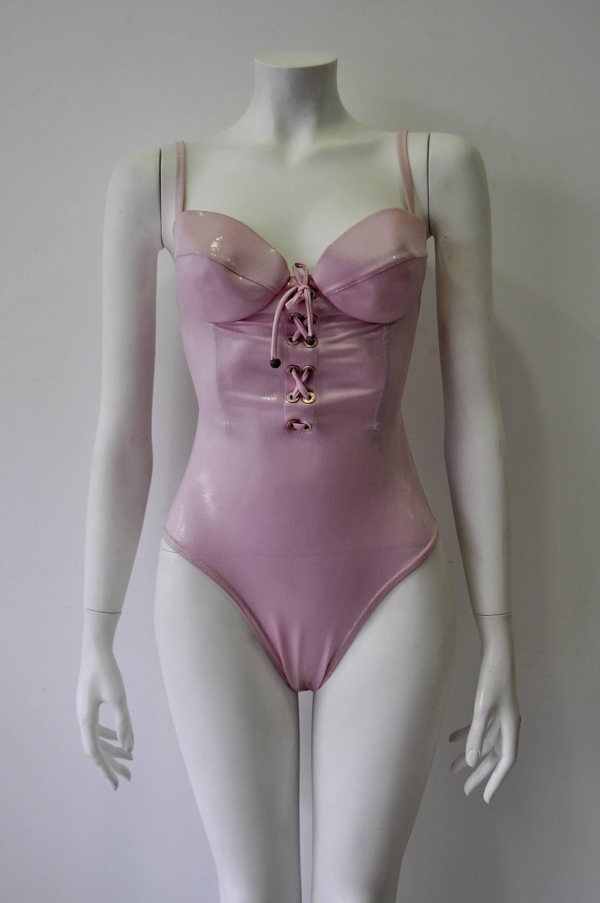 Unique Gianni Versace Istante Pink Shimmery Lace-Up Bustier Swimsuit In New Condition In Athens, Agia Paraskevi